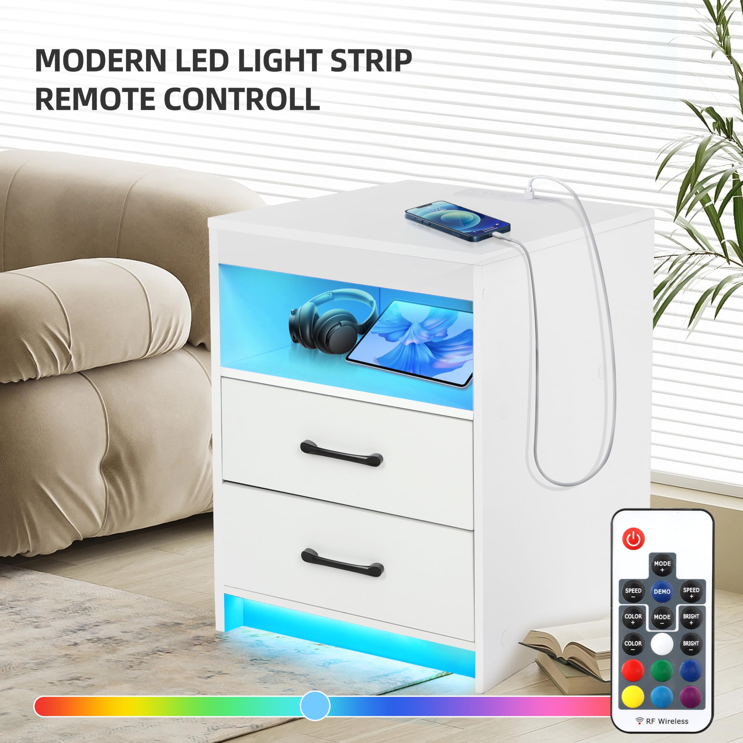 Nightstand with Charging Station and LED Lights