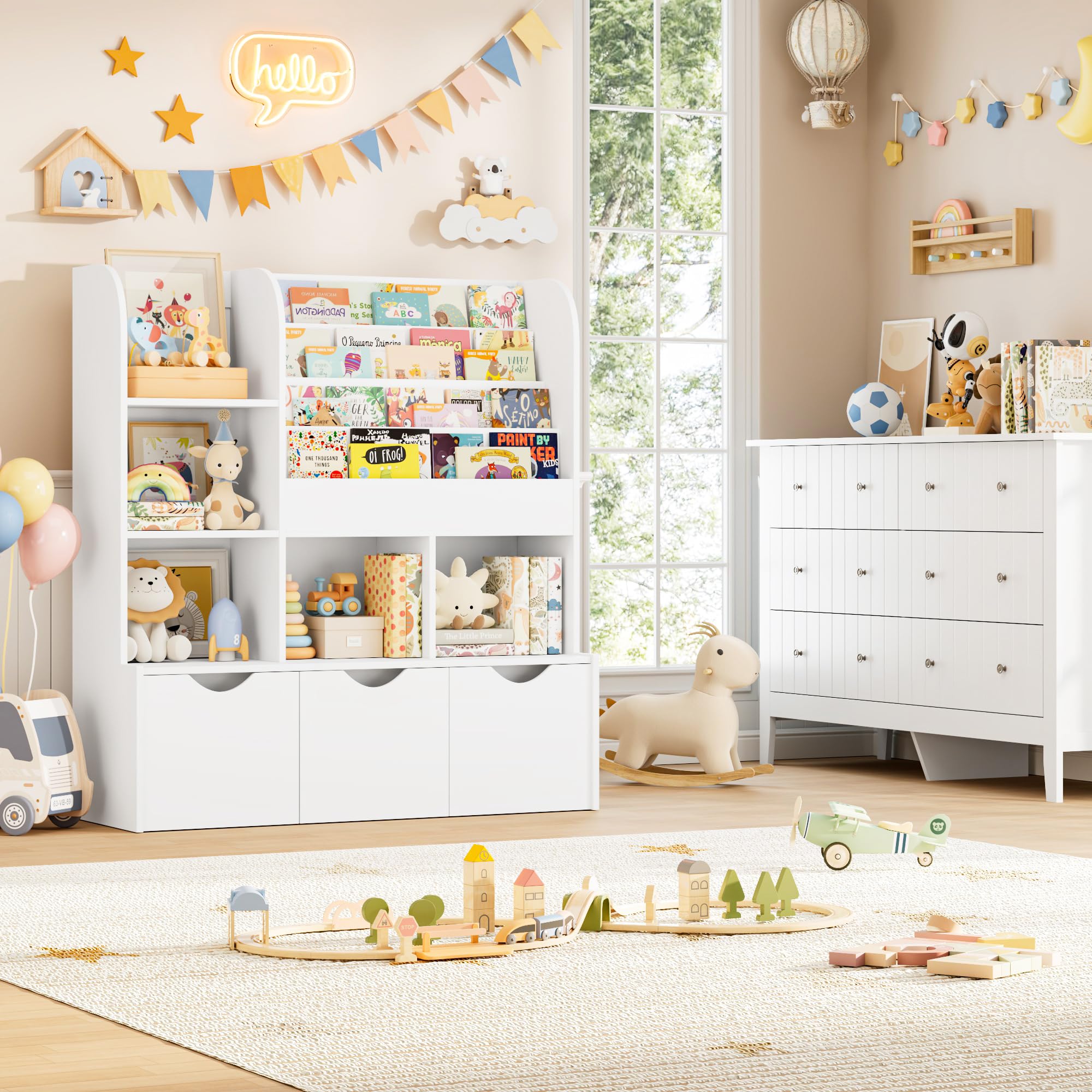 Kids Bookcase with Storage Cubbies and Drawers