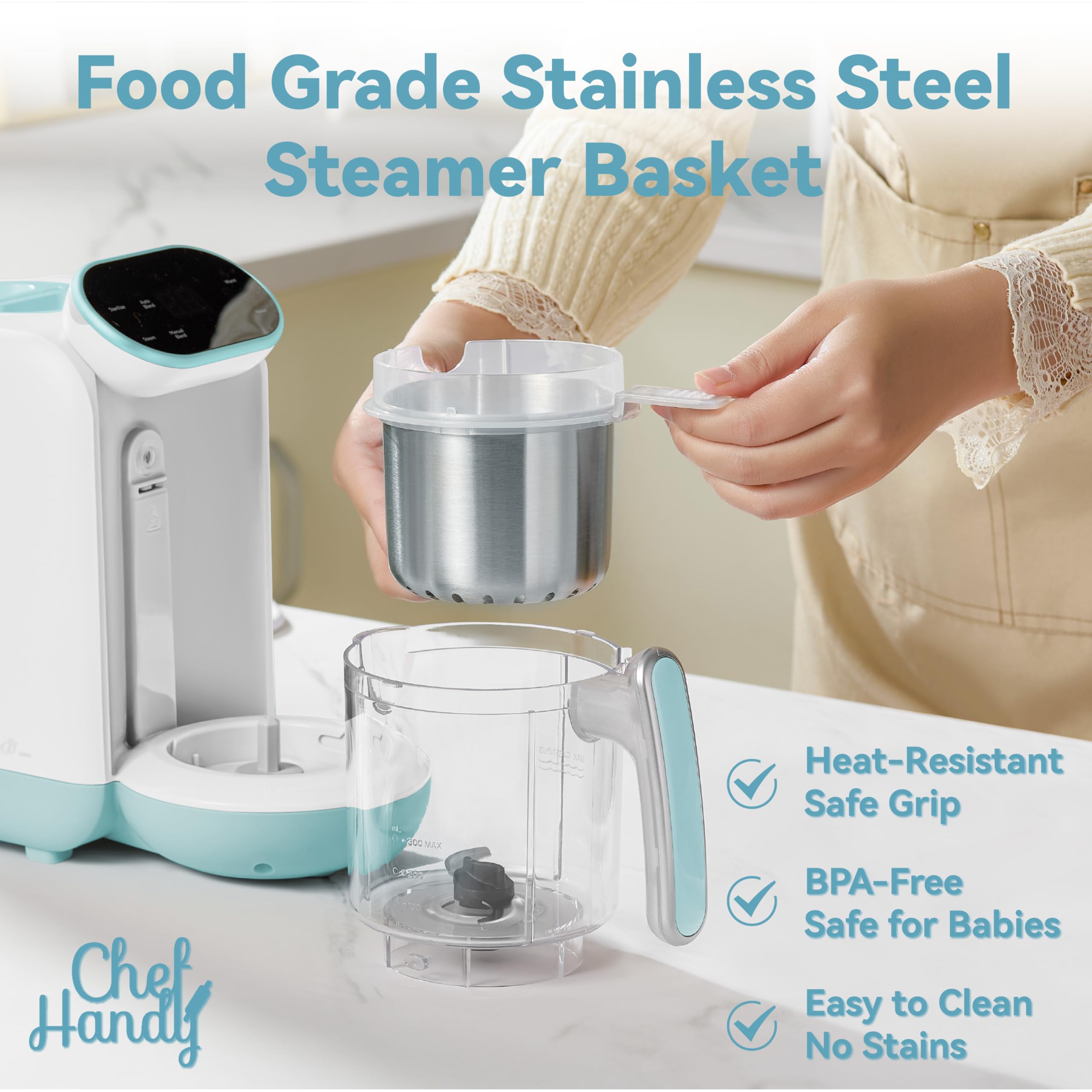Chefhandy 5-in-1 Baby Food Maker with Steam Basket & Touch Screen | Baby Food Processor and Steamer | Auto Steam, Blend, Milk Warmer | Baby Steamer & Blender for Healthy Homemade(White Blue)