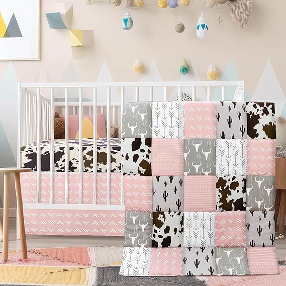 3 Piece Patchwork Western Crib Bedding Set, Neutral Cow Cactus Print Baby Bedding