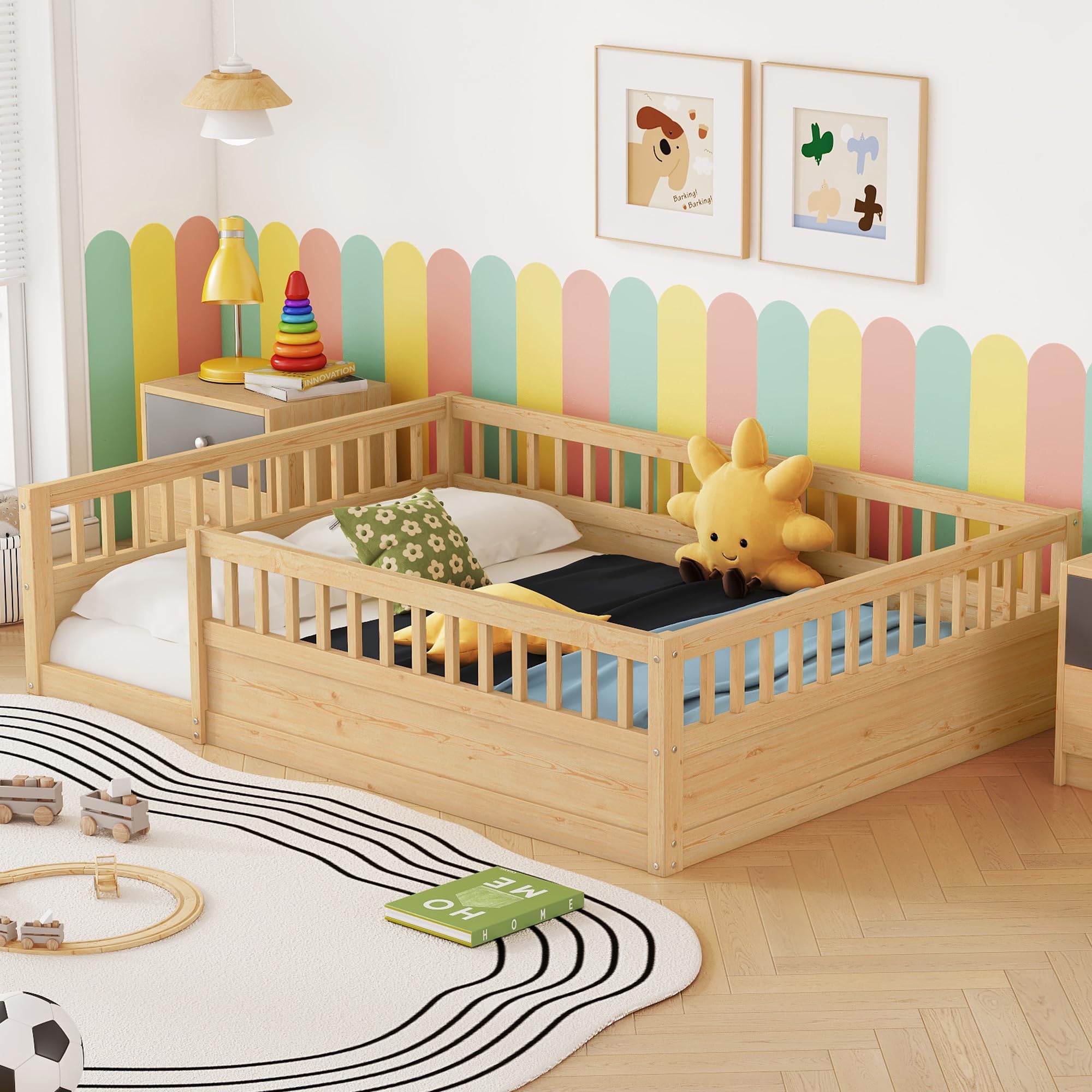 Full Size Montessori Floor Bed, Solid Wood Playhouse Bedframe with Safety High