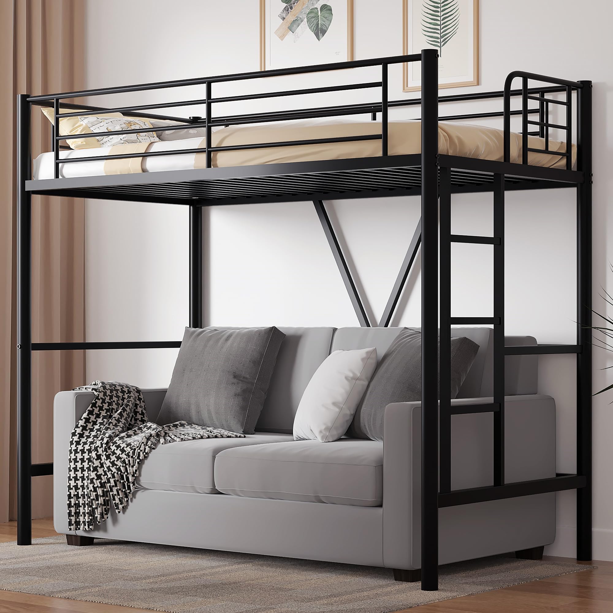 Twin Size Loft Bed with Full-Length Guardrails and Removable Ladder