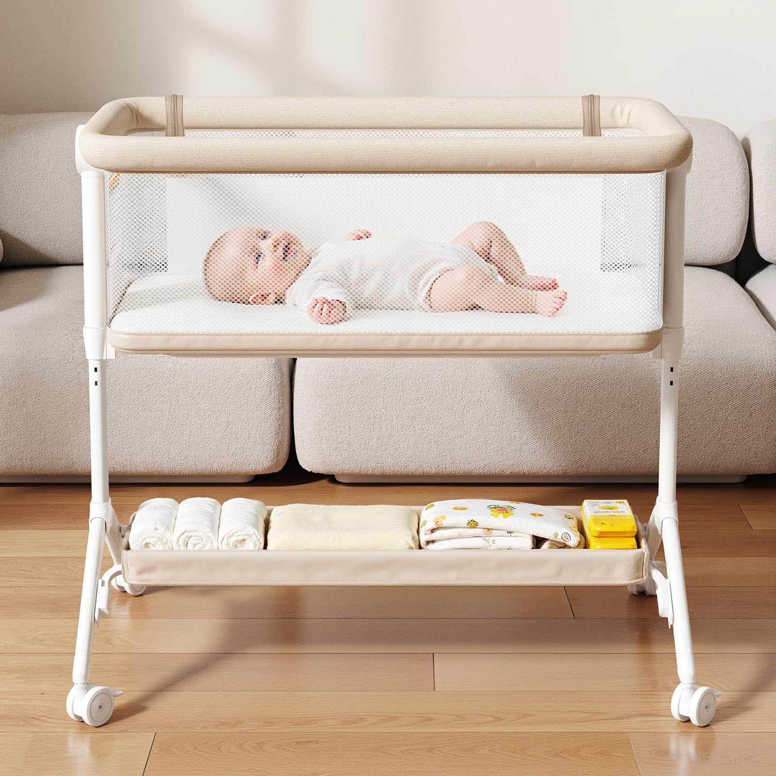 Bedside Bassinet with Breathable Mesh and Adjustable Height