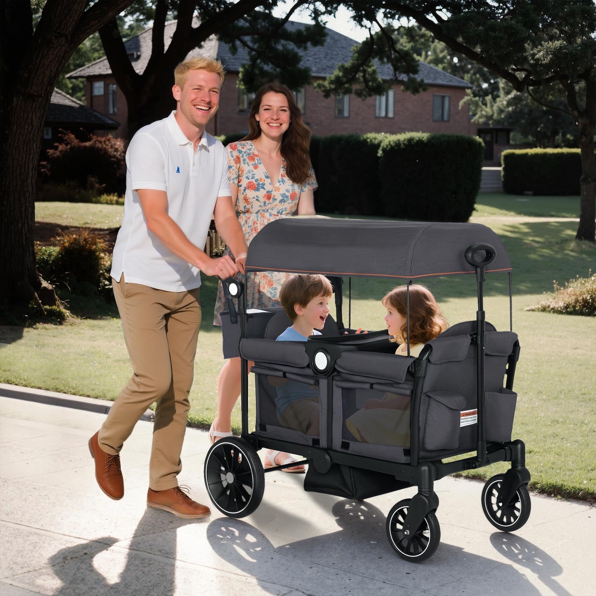 Stroller Wagon for 2 Kids, Push & Pull Kids Cart with Safety Harnesses