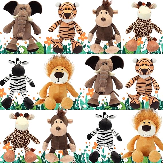 12 Pieces Safari Stuffed Animals 11.8 Inch Jungle Animal Toys Set for Boys Girls Plush