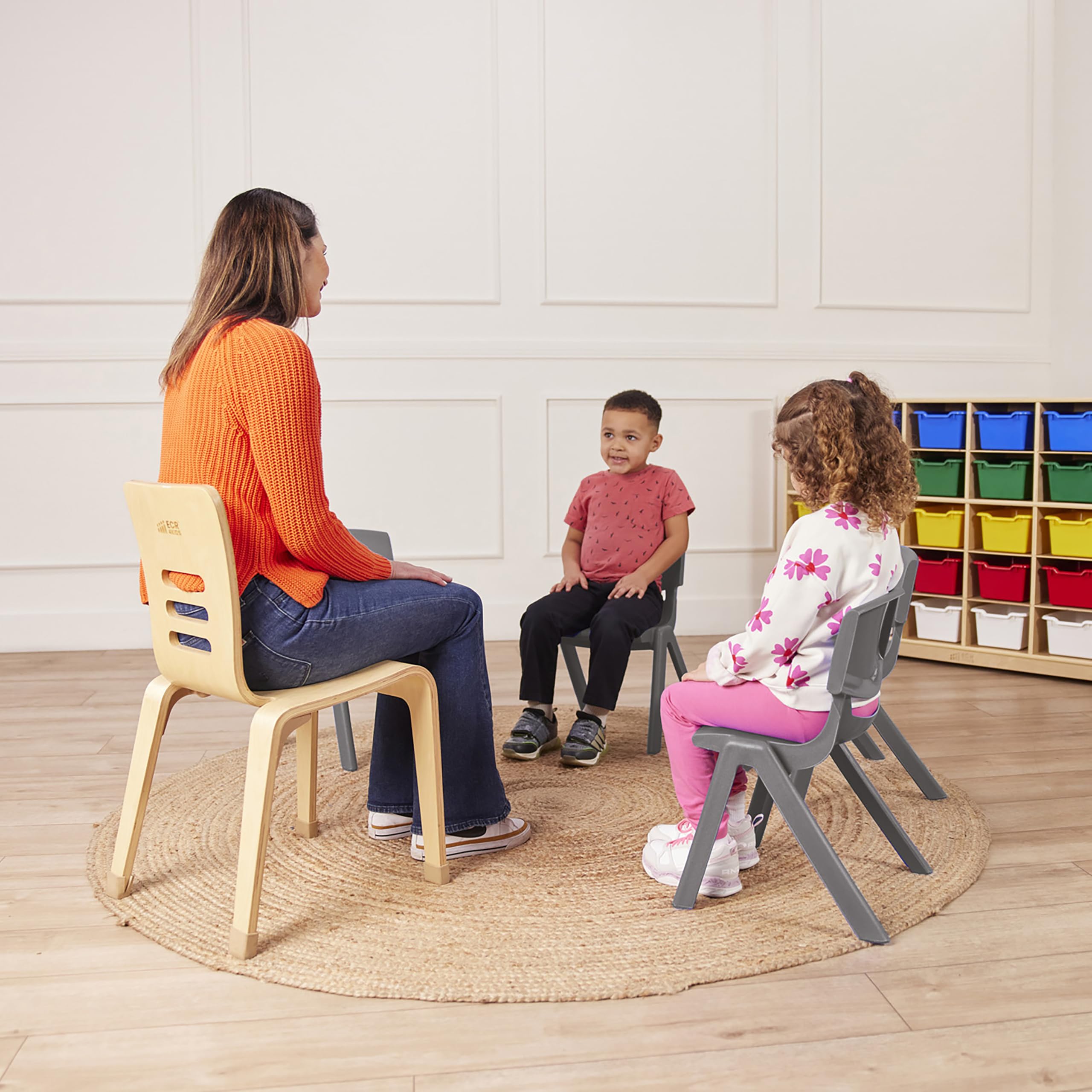 12in Plastic School Stack Chair, Classroom Furniture, Grey, 4-Pack