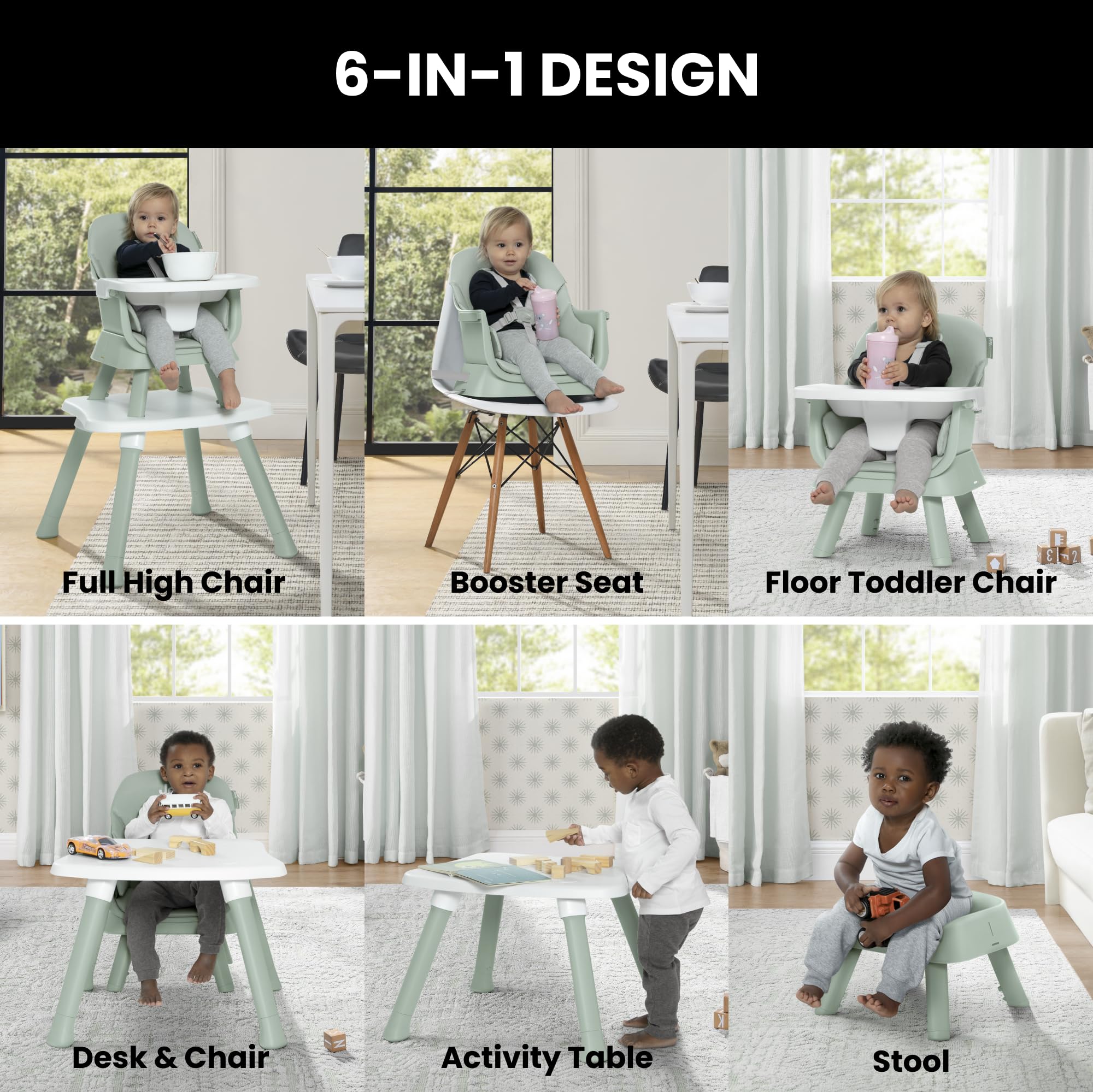 6-in-1 Convertible Wooden High Chair with Removable Tray