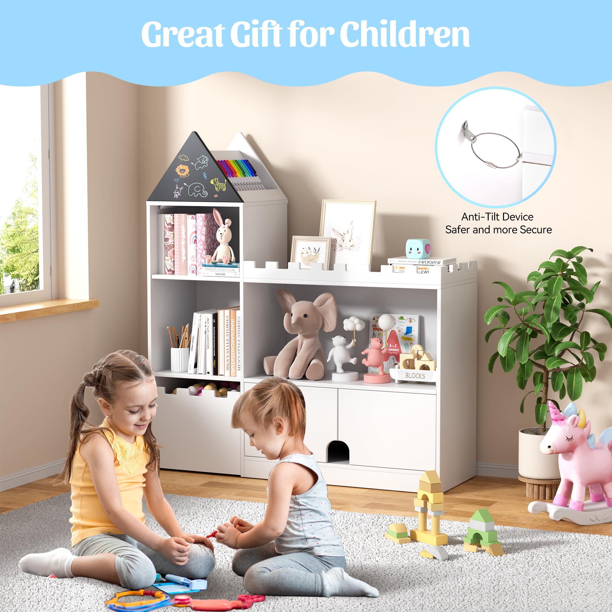Castle Bookshelf Toy Storage Organizer with 6 Cubbies and Drawers