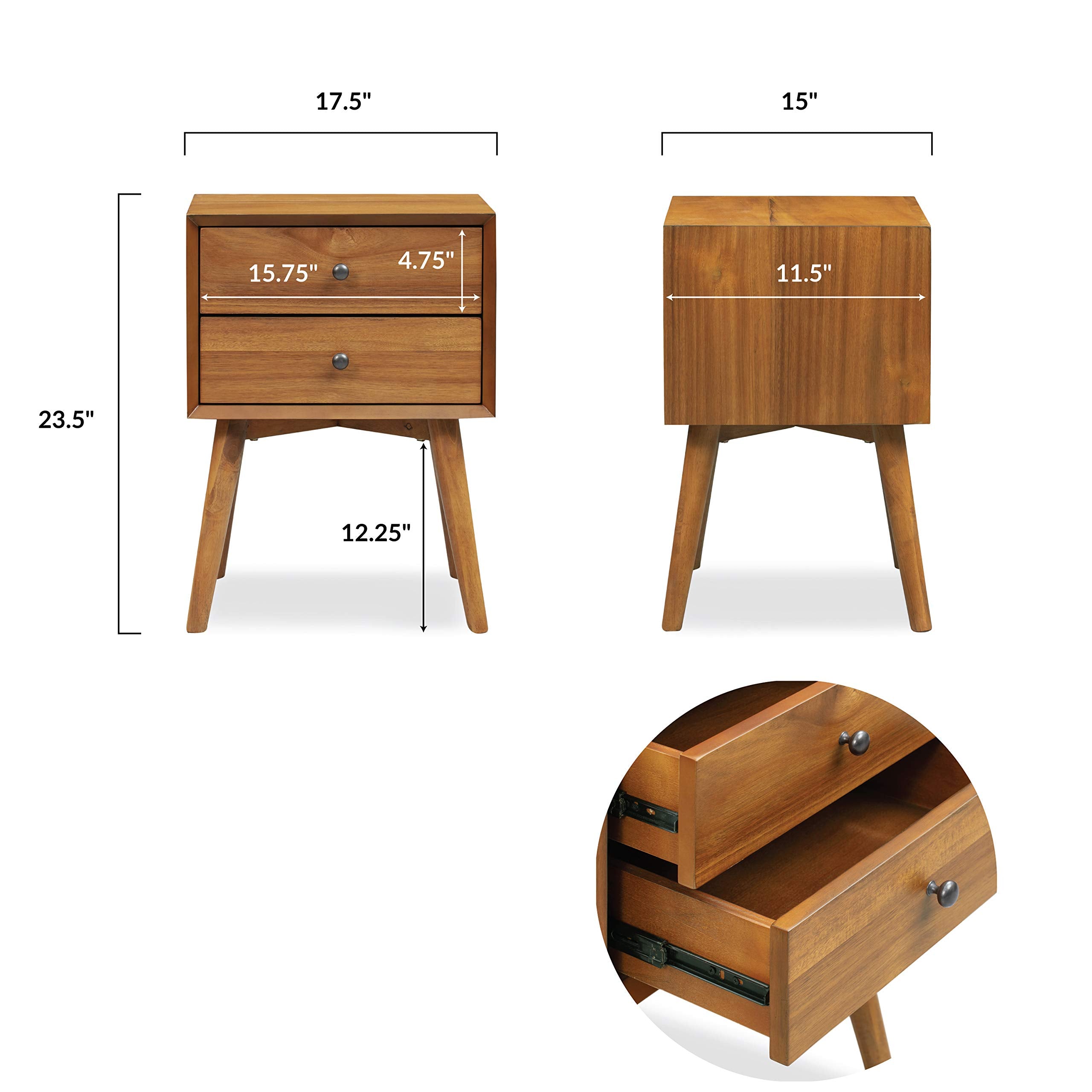 Mid-Century Modern Nightstand with 2 Drawers - Walnut Finish Bedside Table