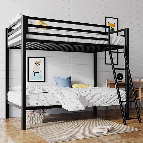 Loft Bunk Bed Twin Over Twin Size with Ladder and Guardrai