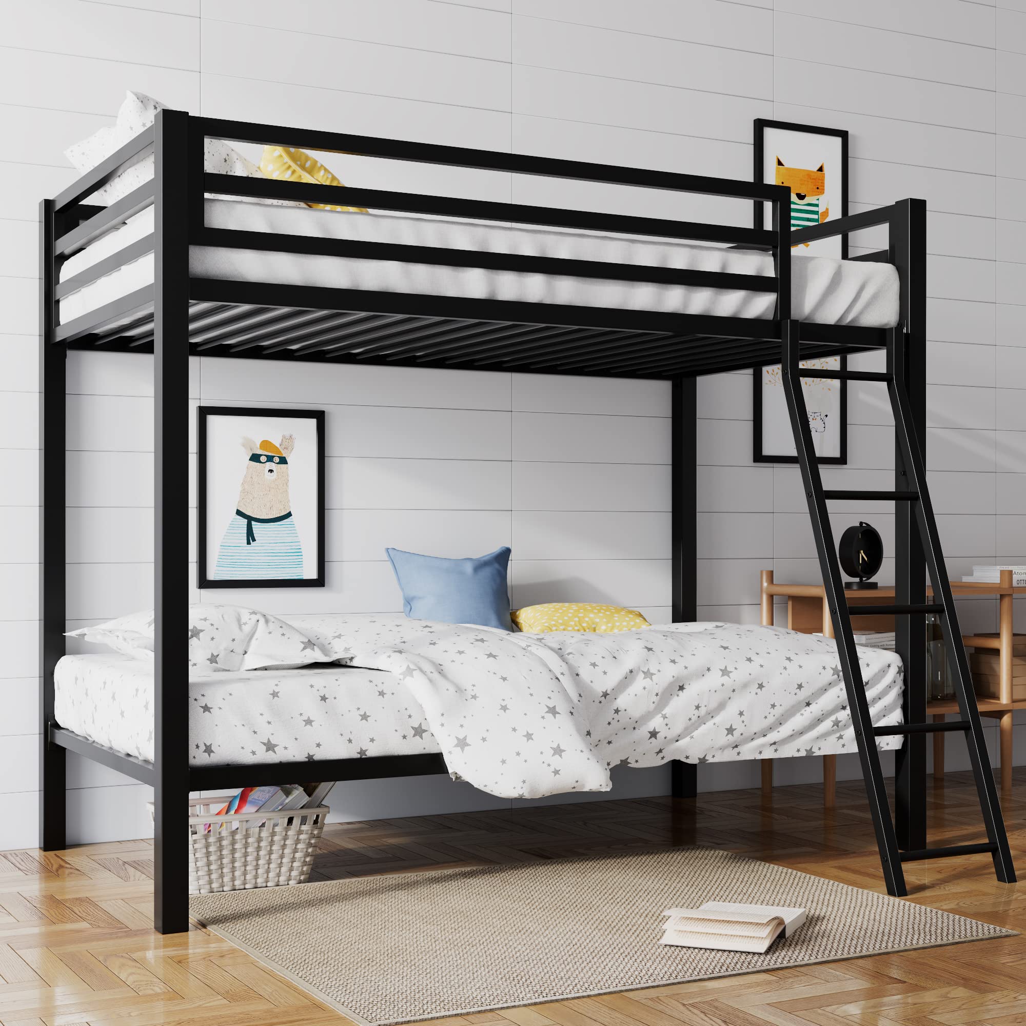 Twin Over Twin Metal Bunk Bed with Ladder and Guardrail