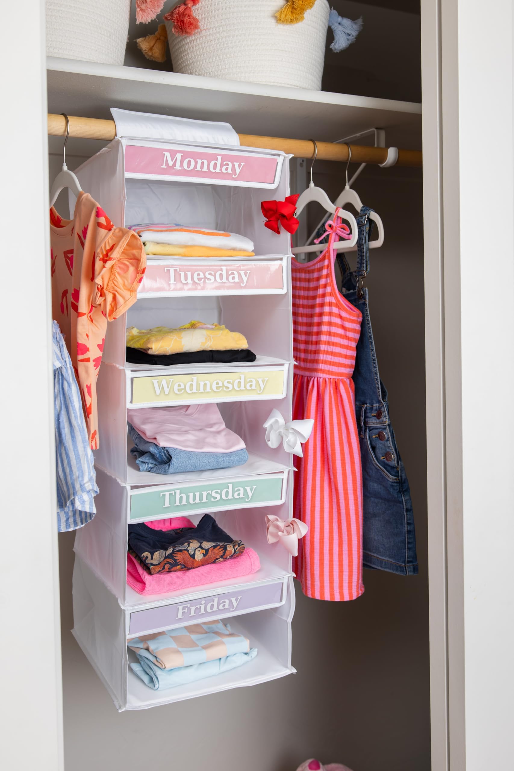 5-Shelf Weekly Clothes Organizer for Kids, 33-Inch Hanging Closet Storage