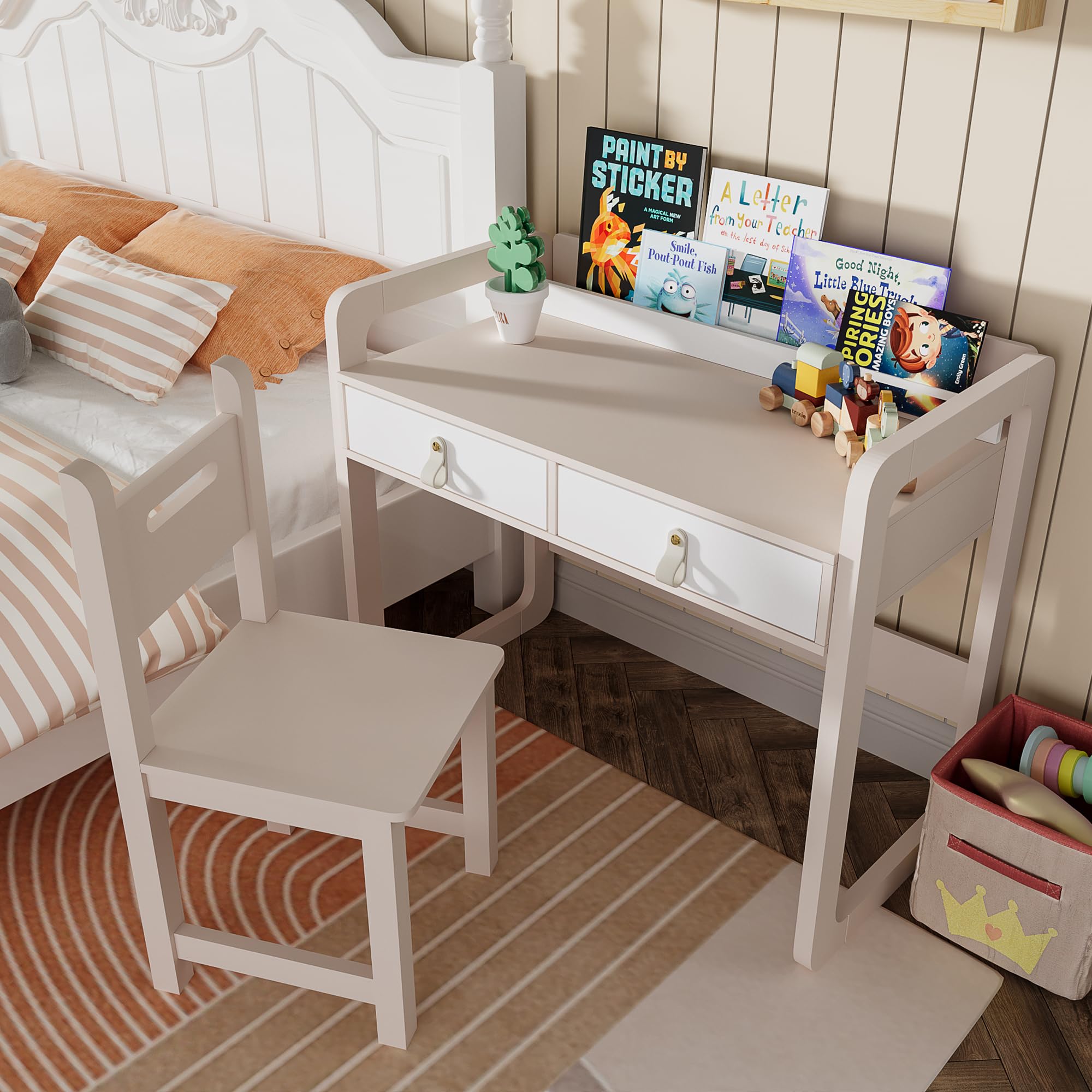 Kids Desk and Chair Set, Study Desk with Drawers, Wooden Children Table Set