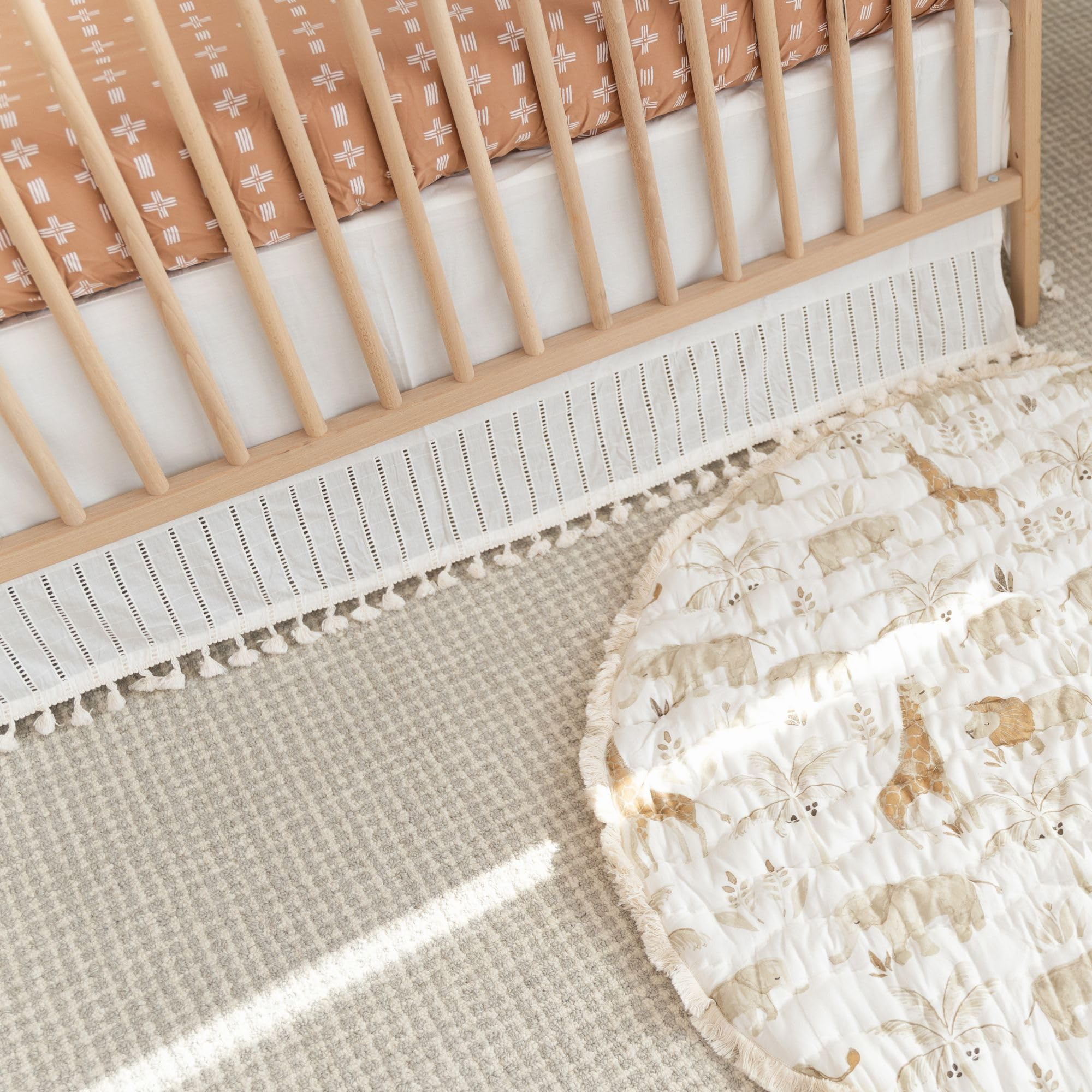 Crane Baby Boho Cotton Baby Crib Skirt with Fringe, White Bed Skirt Fits Standard Cribs, Skirting 28” X 52” X 8”, Off White Neutral Crib Skirts for Nursery