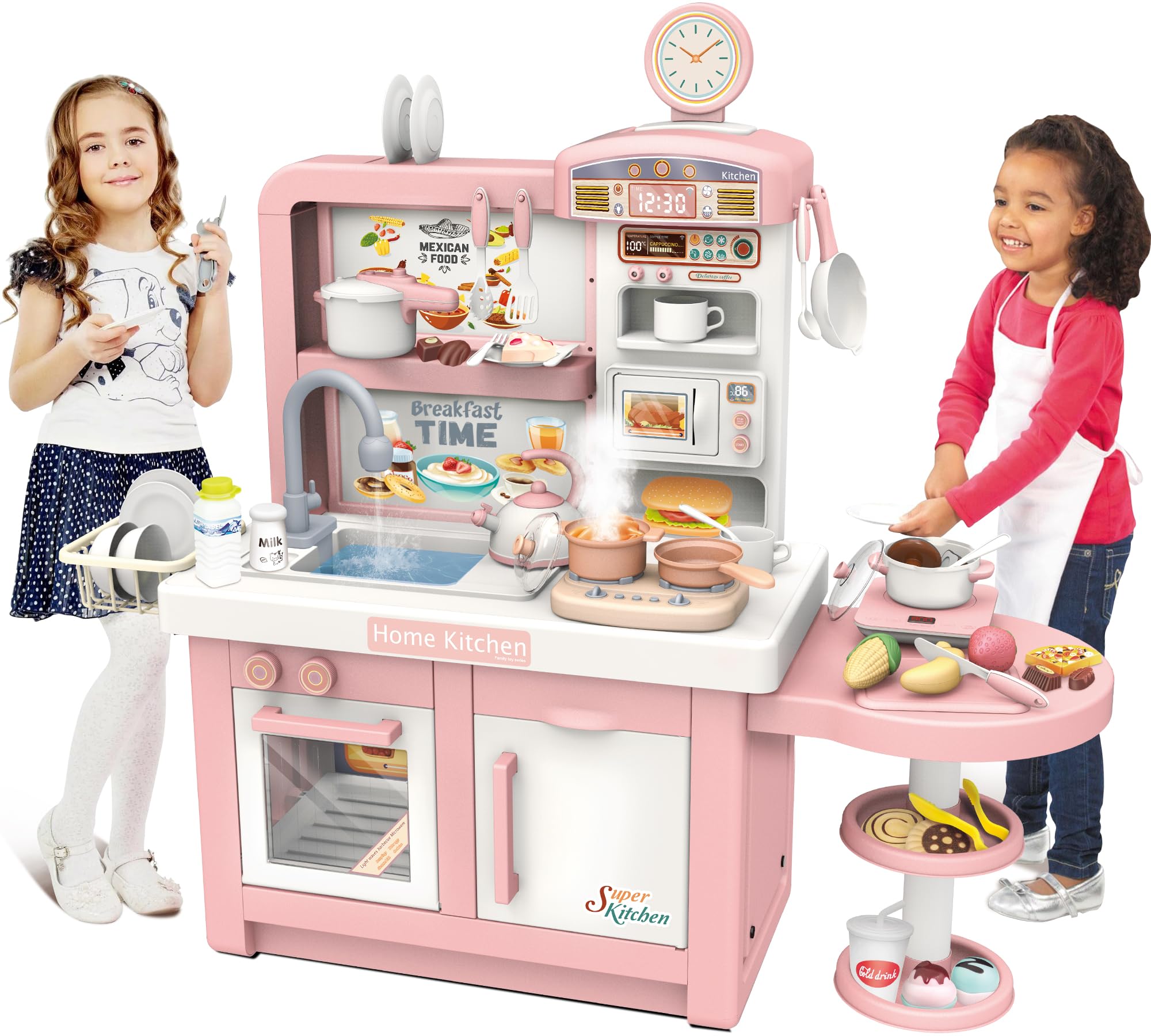 Elevon Pretend Play Kitchen Toy Set for Kids, Interactive Playset with Lights and Sounds, for Toddlers 3+ Years Old, 49 Piece Toy Accessory Set with Cooking Stove, Sink, Play Food, Realistic - Pink