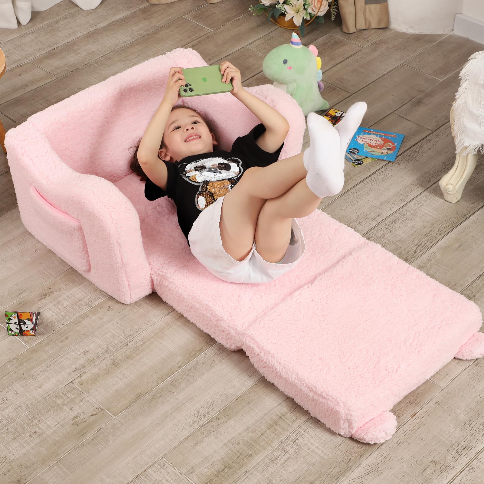 Kids Chairs for Toddler, 2-in-1 Toddler Soft Sherpa Couch Fold Out
