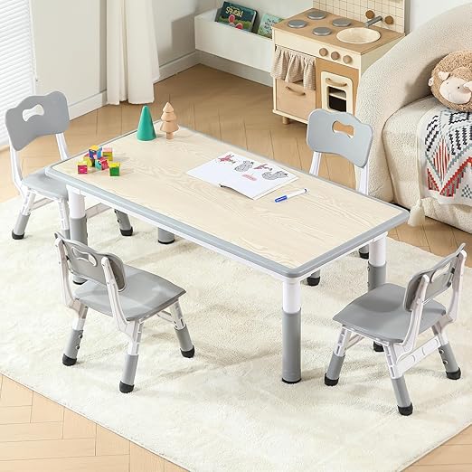 Kids Table and 4 Chairs Set, Height Adjustable Toddler Table and Chairs Set