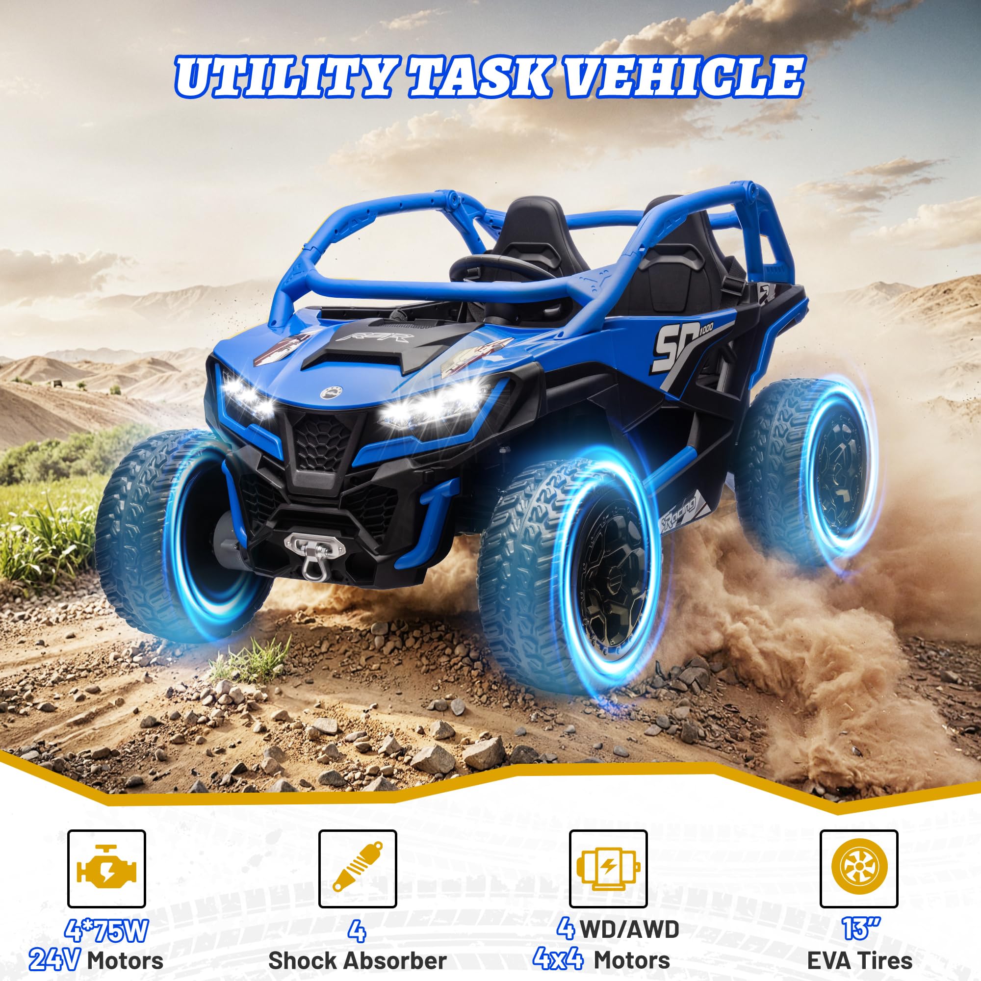 wanan XL 24V Ride on Toys for Big Kids 10AH Real Spacious 2-Seater, 4 x75W Motor 5MPH Ride on Car Kid UTV for Kids 3-8, EVA Tire, Remote Control, Bluetooth Music, 4 Spring Suspension (Blue)