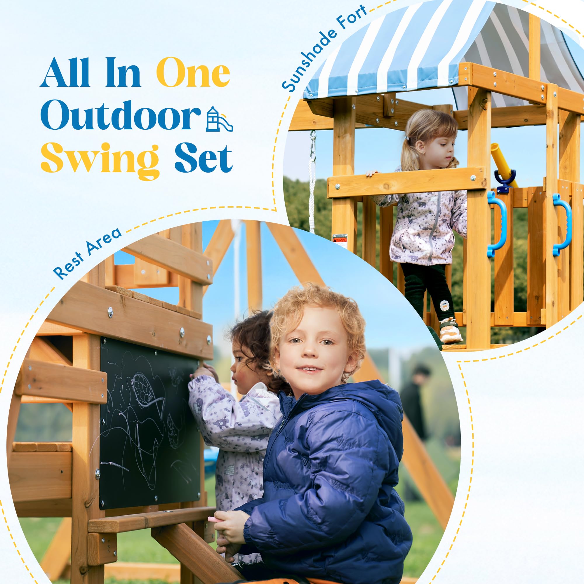 Wooden Swing Set with Slide and Climbing Ladder
