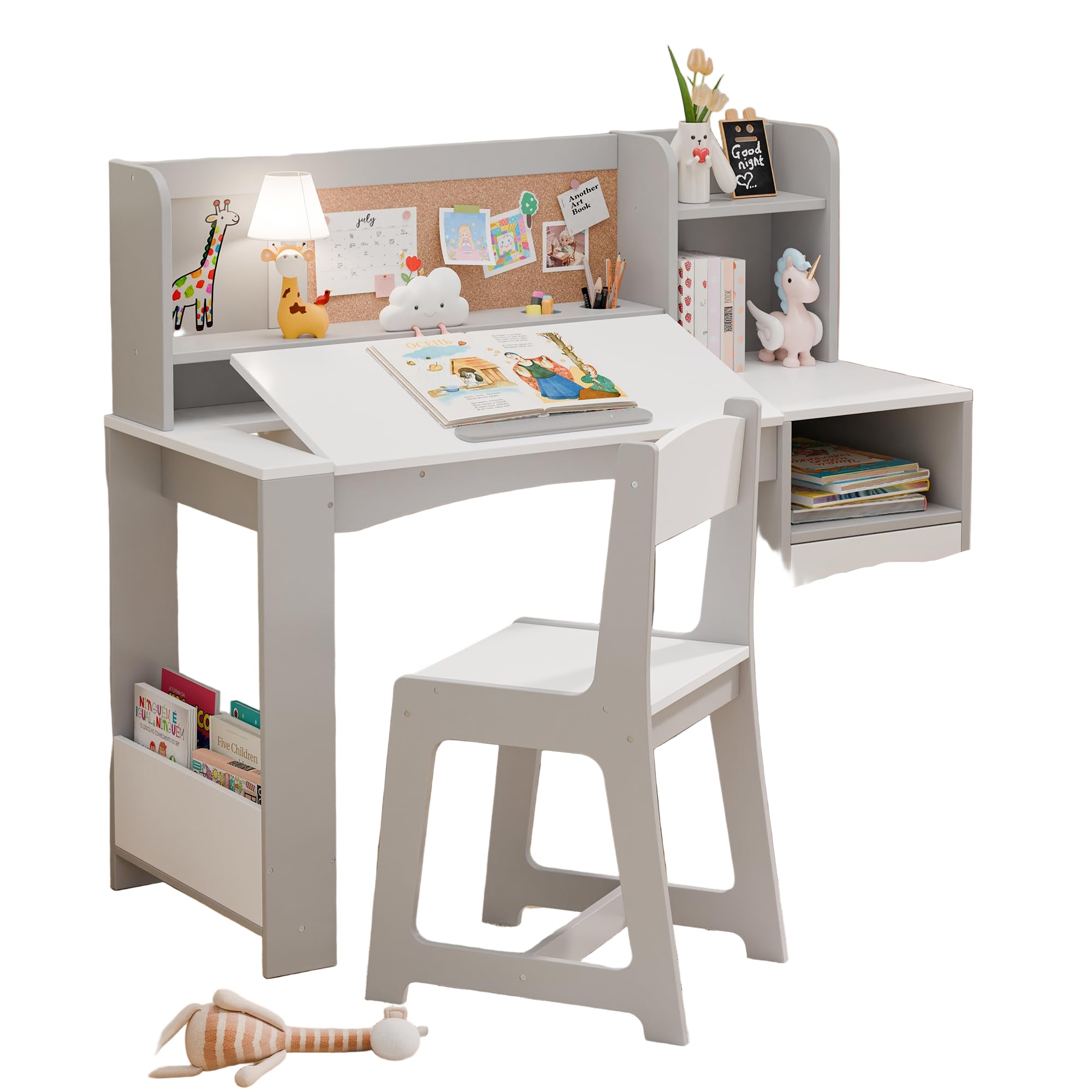Kids Study Desk with Chair and Tiltable Desktop, Kids Stud Des and Chair Set