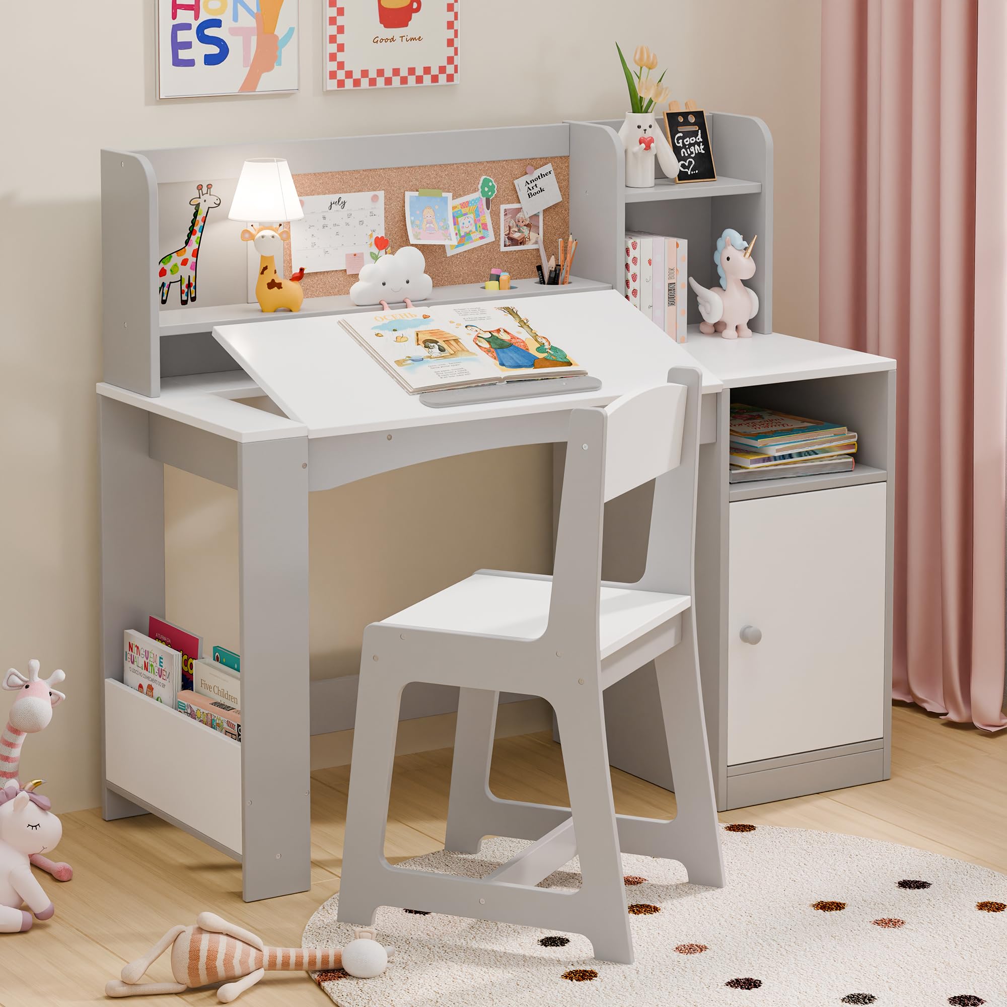 Kids Study Desk with Chair Tiltable Desktop Storage Cabinet