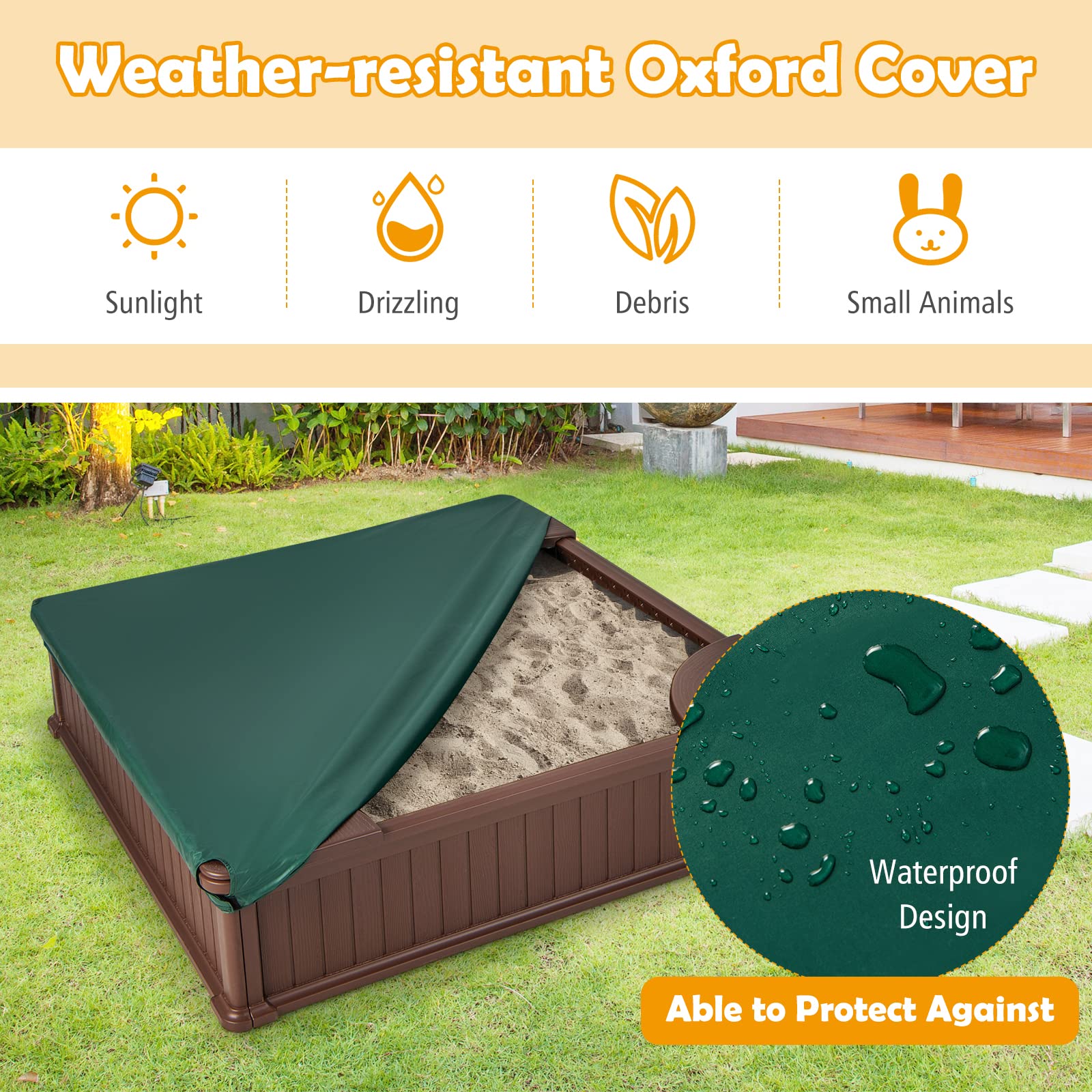 Kids Sandbox with Cover 48x48 Inch HDPE Outdoor Play Pit