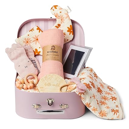 Baby Gift Set Boy - Newborn Shower Gift Basket with Large Minky Plush Blanket, Muslin Swaddle, Teether, Wooden Birth Record, Hand & Foot Print Kit, Nemo Socks, for Newborn Essentials Boys, Blue