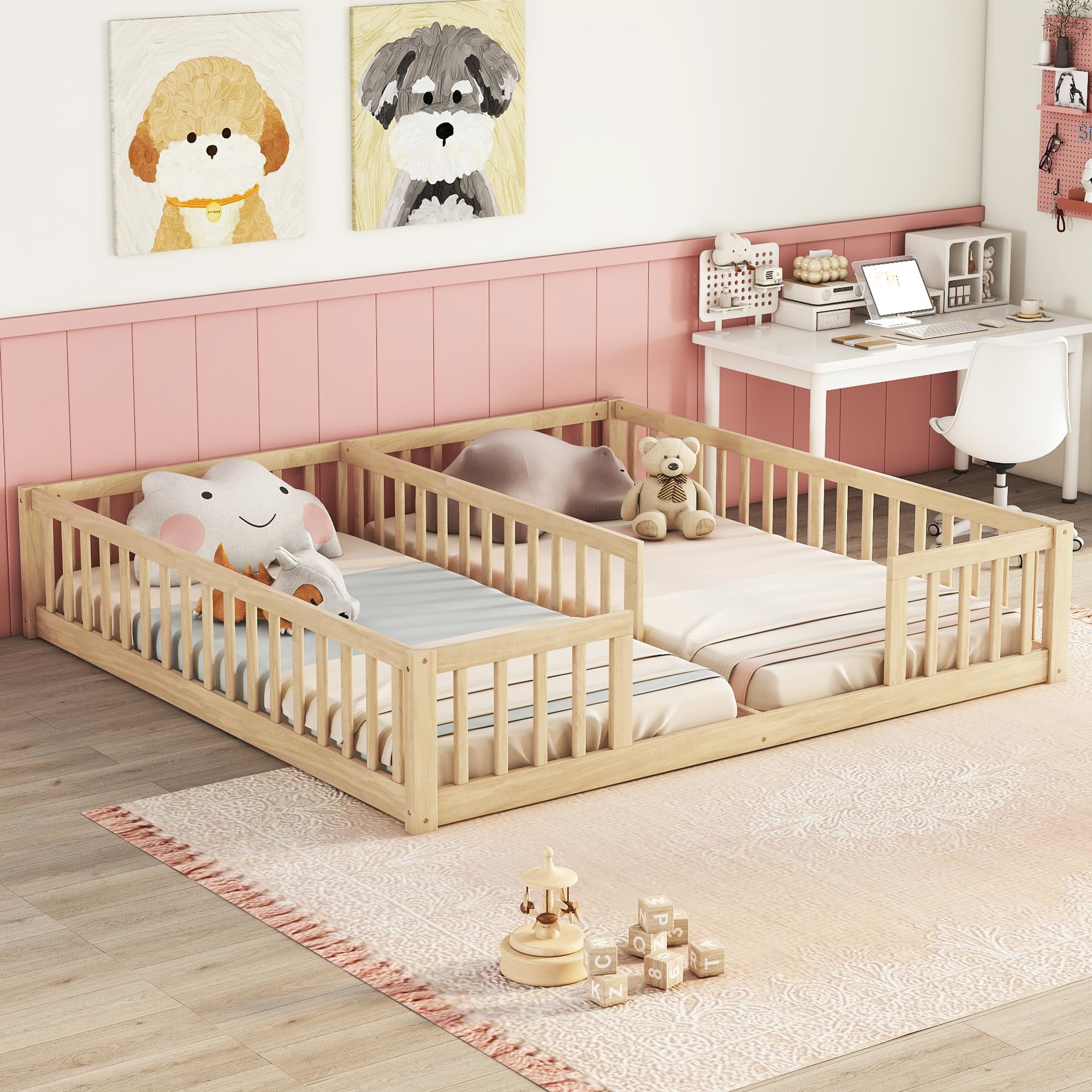 Double Floor Bed for Twins,Two Shared Beds,Twin Size Floor Bed for 2 Kids