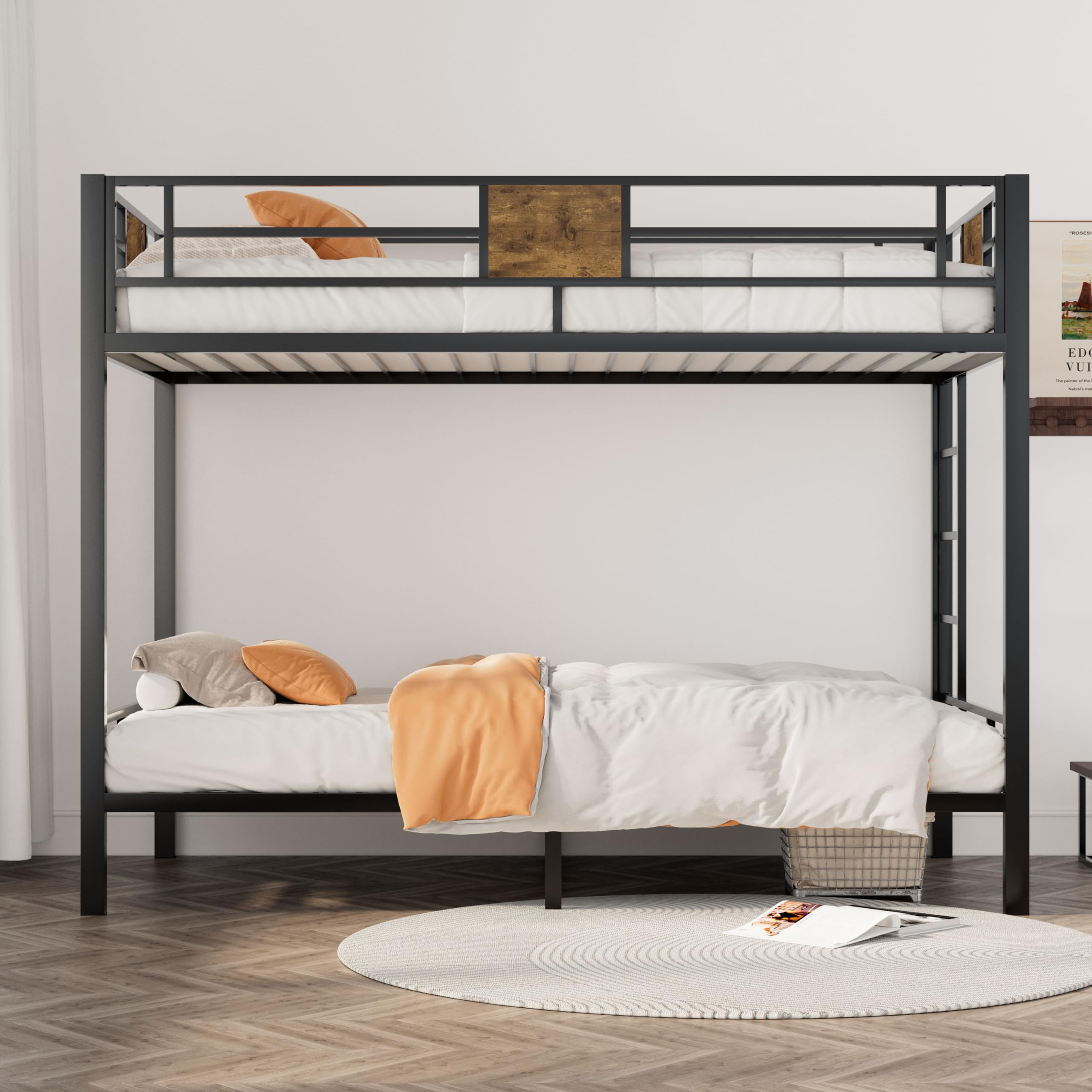 Twin Over Twin Metal Bunk Bed with Ladder and Guardrails