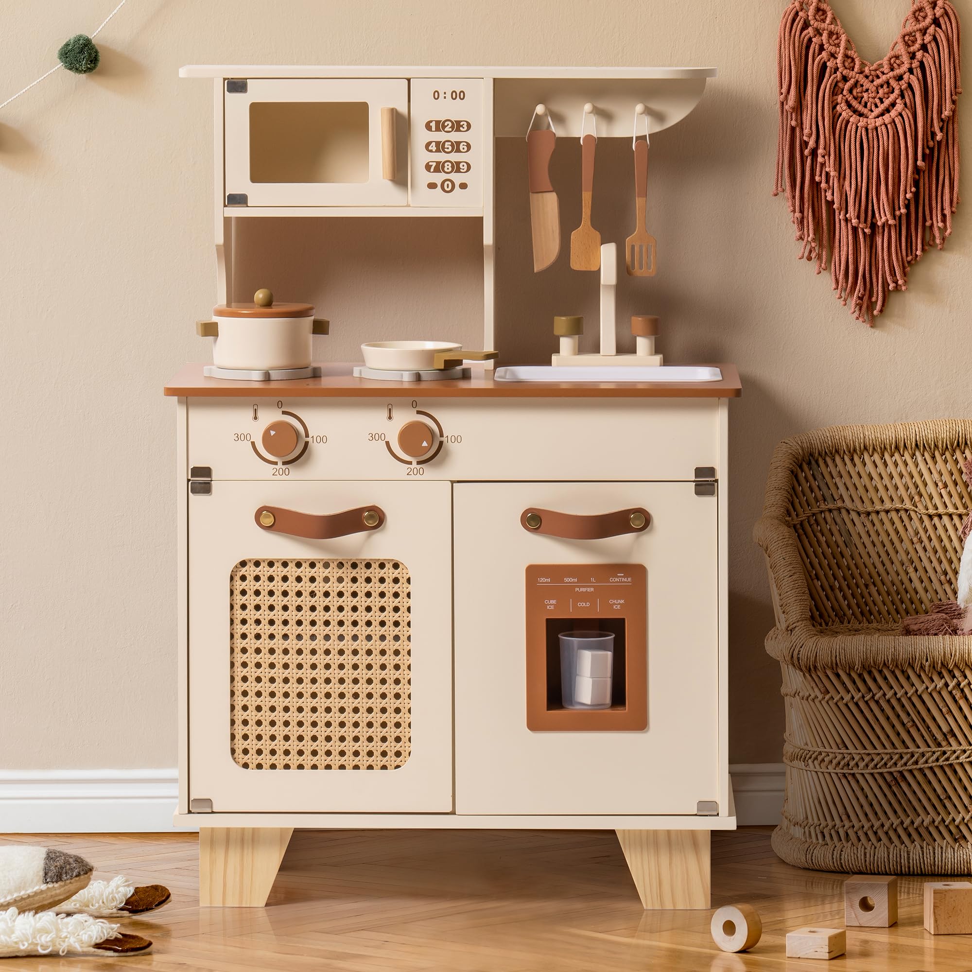 Kids Kitchen Playset, Mocha Montessori Wooden Play Kitchen with Ice Dispenser