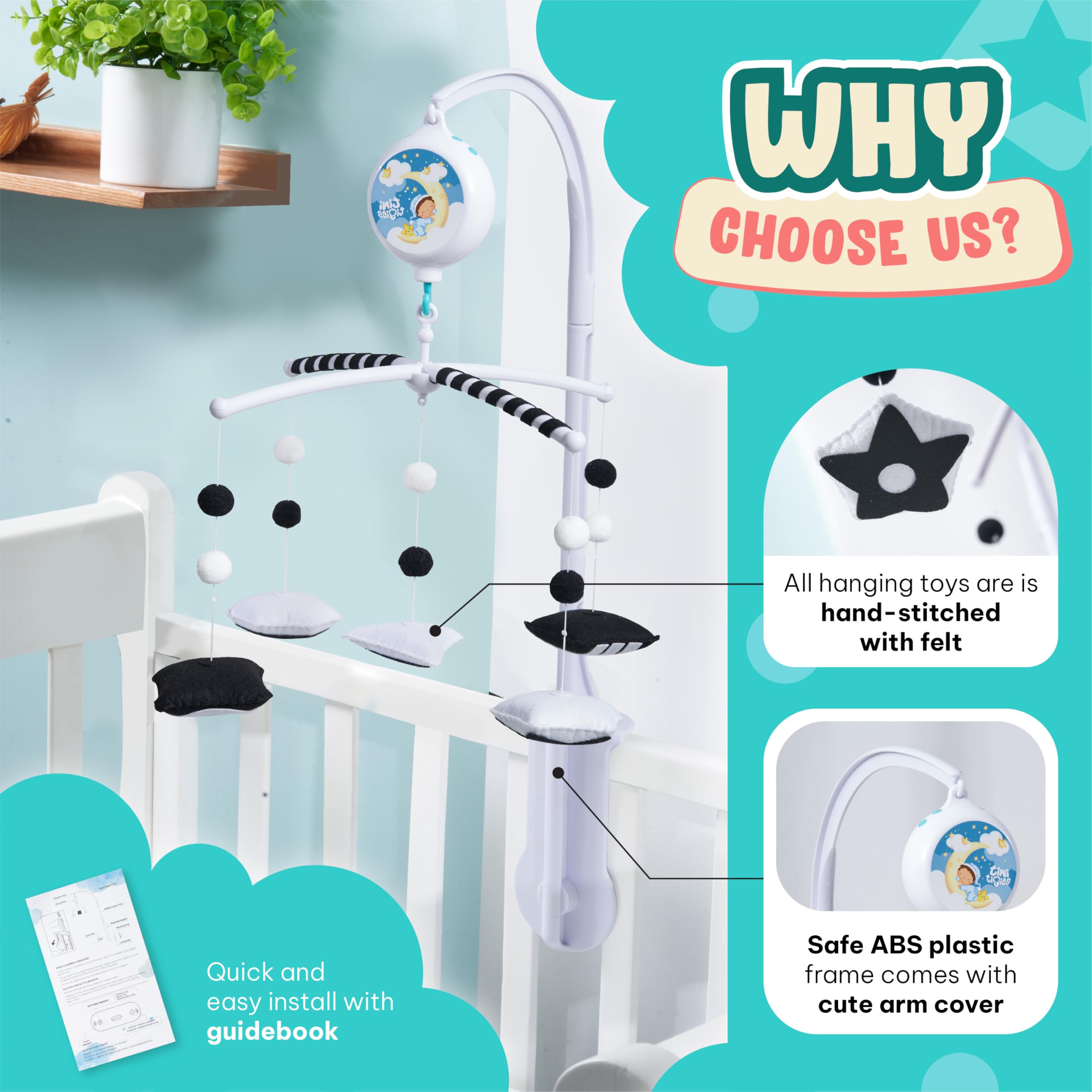 Black and White Montessori Crib Mobile with Music Box