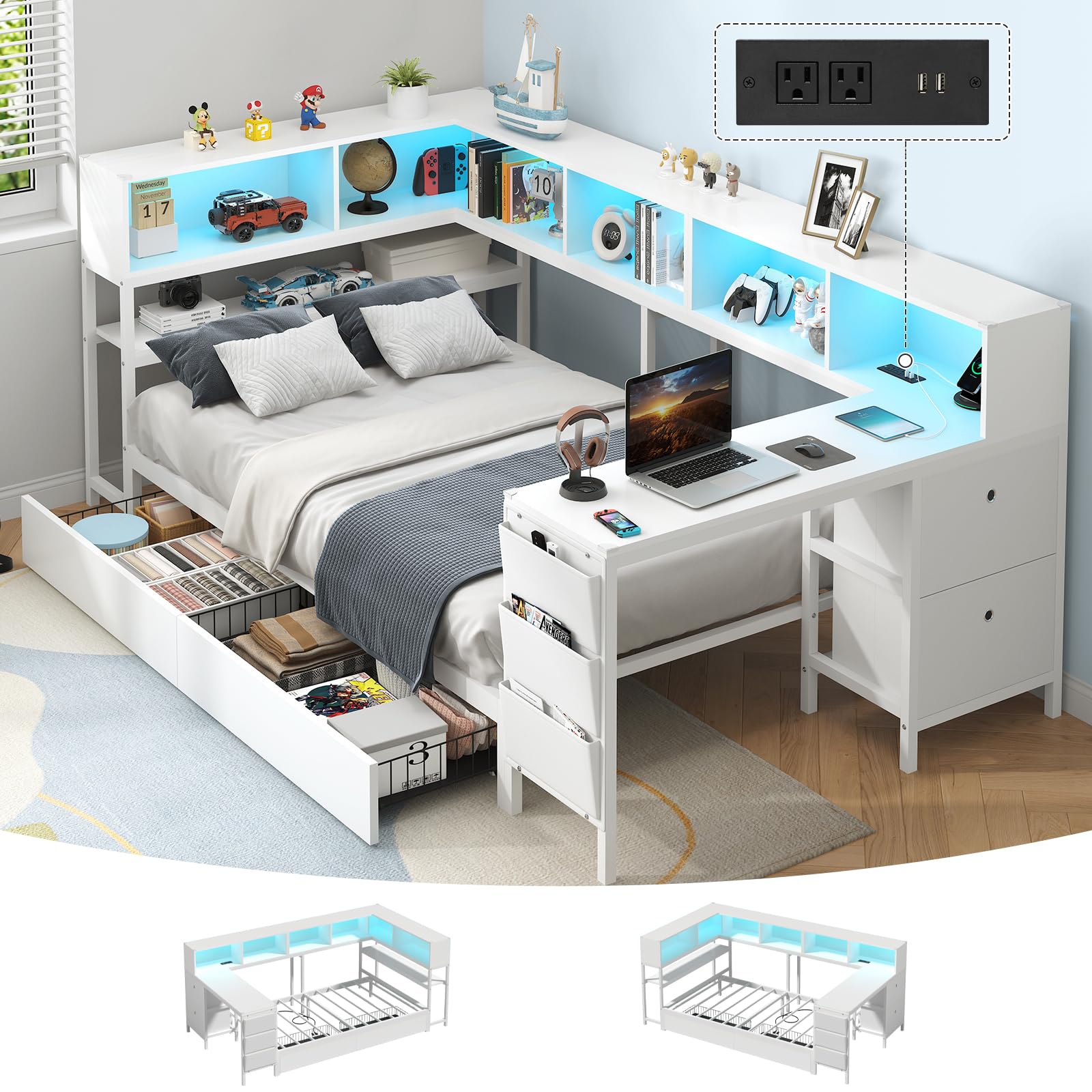 Twin Corner Bed with Desk and Storage
