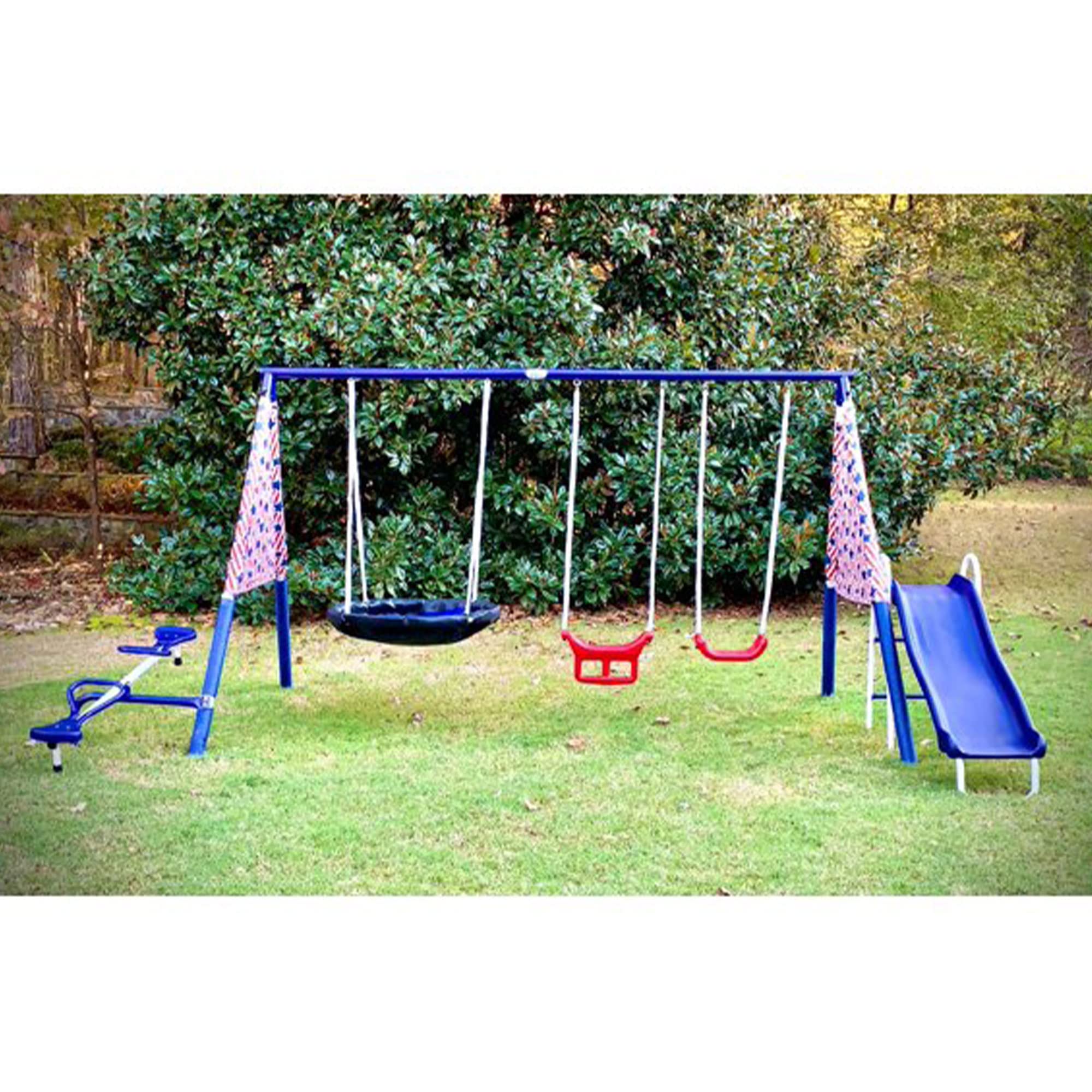 Metal A-Frame Outdoor Swing Set with Slide and See-Saw