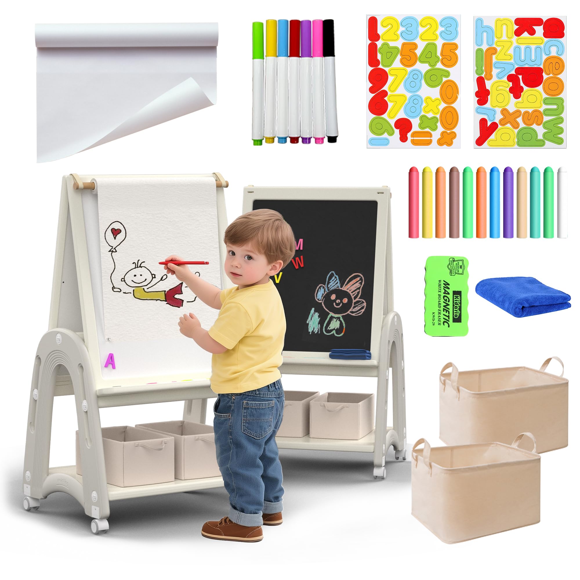 3-in-1 Adjustable Kids Art Easel with Wheels and Storage