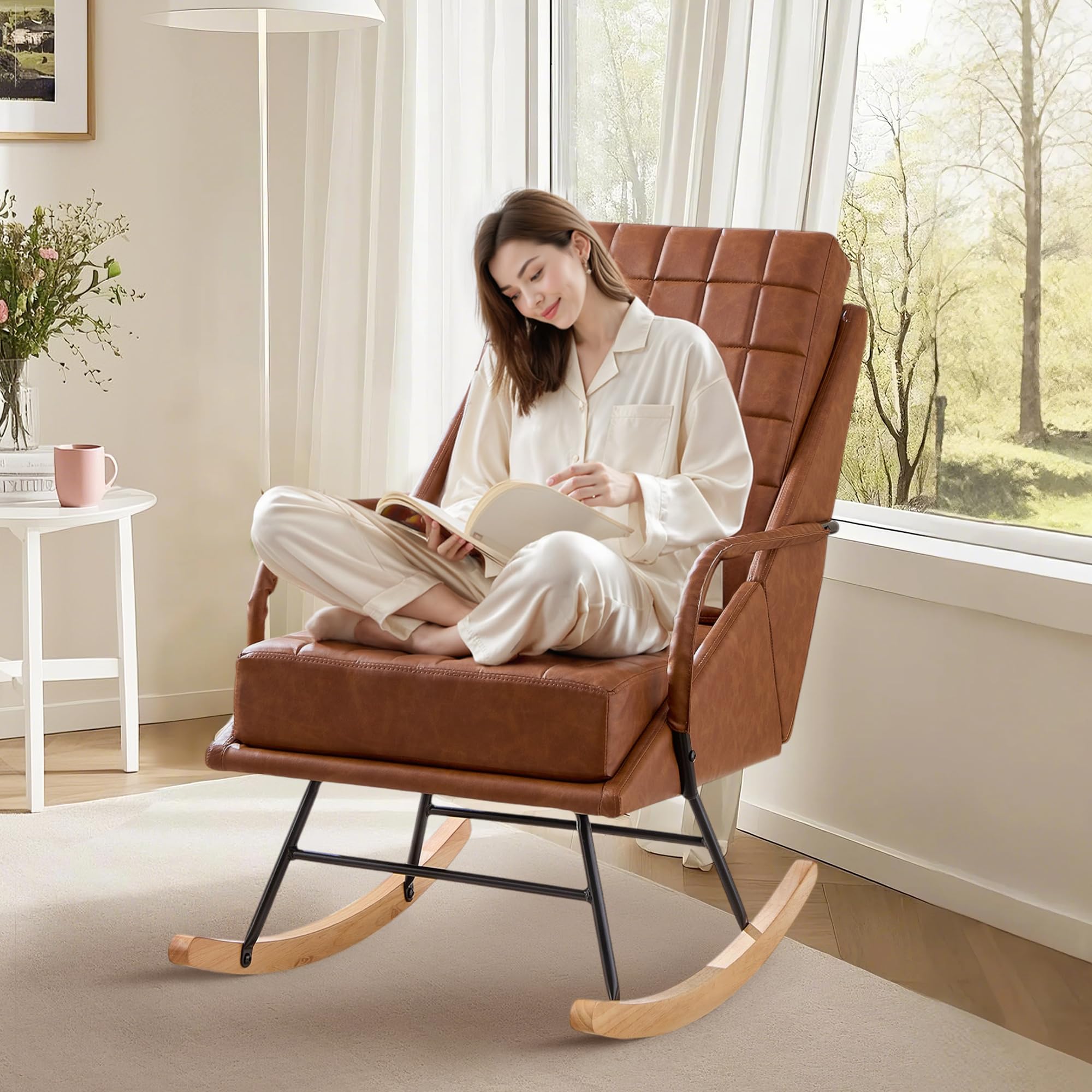 Chair Nursery, Over Size Leather Glider Rocker with High Backrest