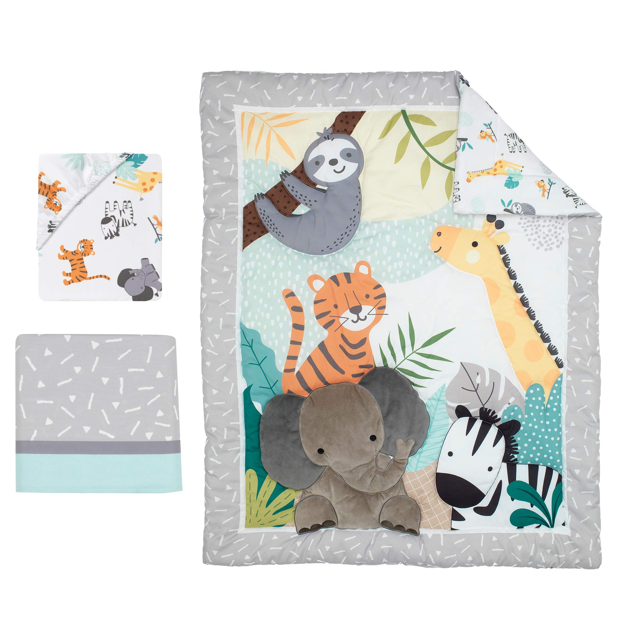 Jungle Animal 3-Piece Crib Bedding Set - Quilt, Fitted Sheet & Skirt