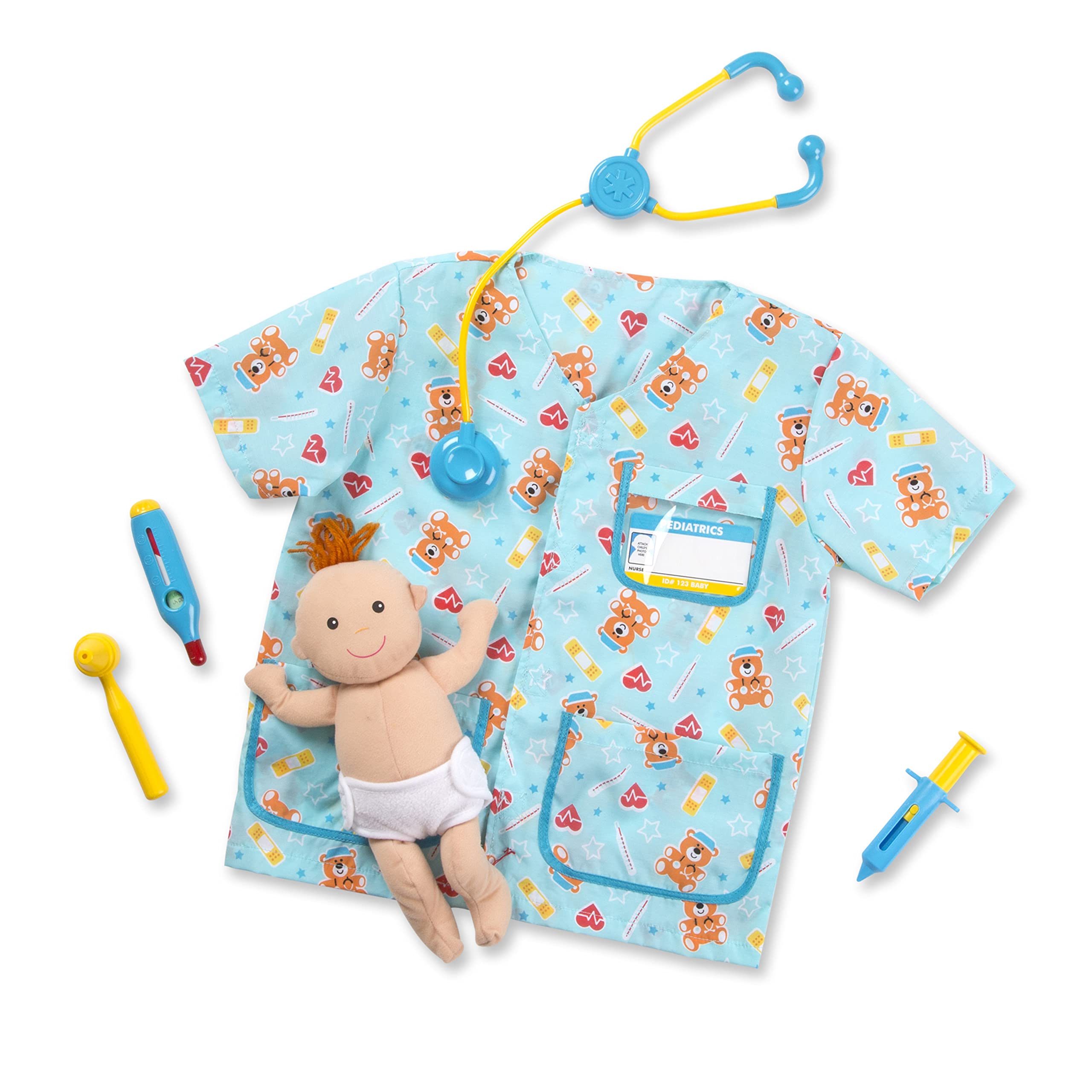Doug Pediatric Nurse Costume Role Play Set (8 pcs) - Includes Baby Doll, Stethoscope