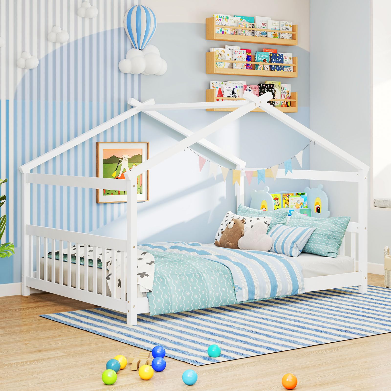 Full Size Floor Bed, Solid Wood Montessori House Bed with Roof