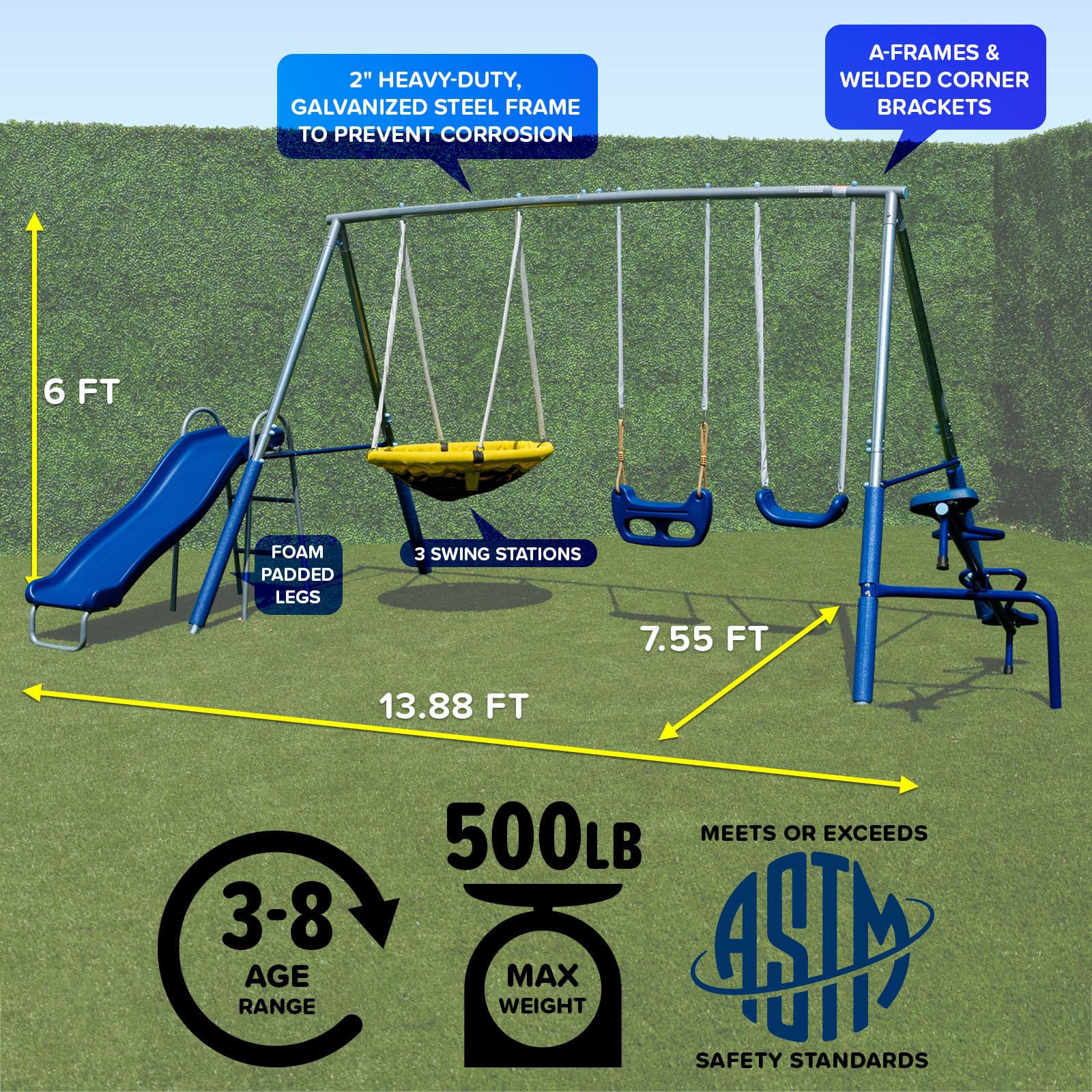 Metal Swing Set with Slide and Teeter Totter for Kids Outdoor Playground