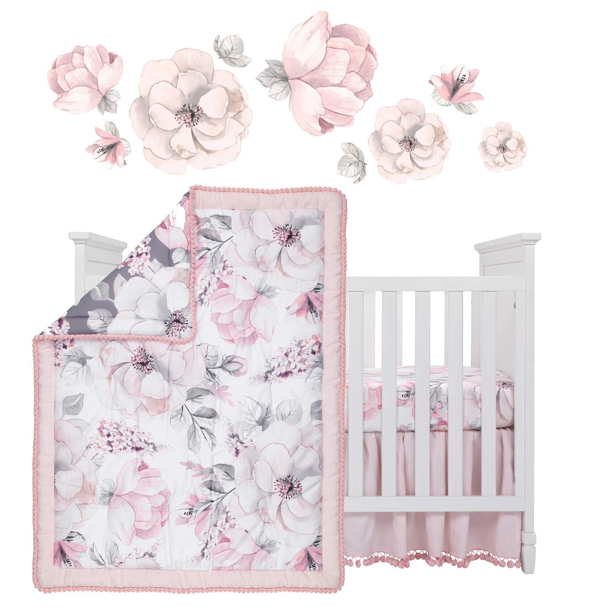 4-Piece Watercolor Floral Crib Bedding Set - Pink & Gray