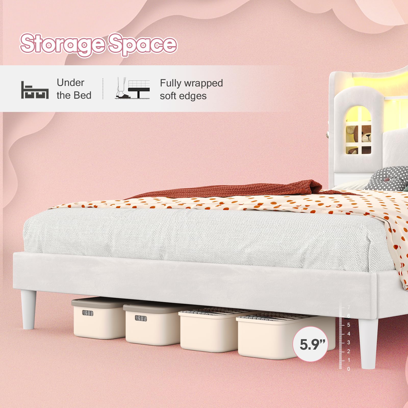 Princess Bed Frame Full Size with LED Lights and Storage
