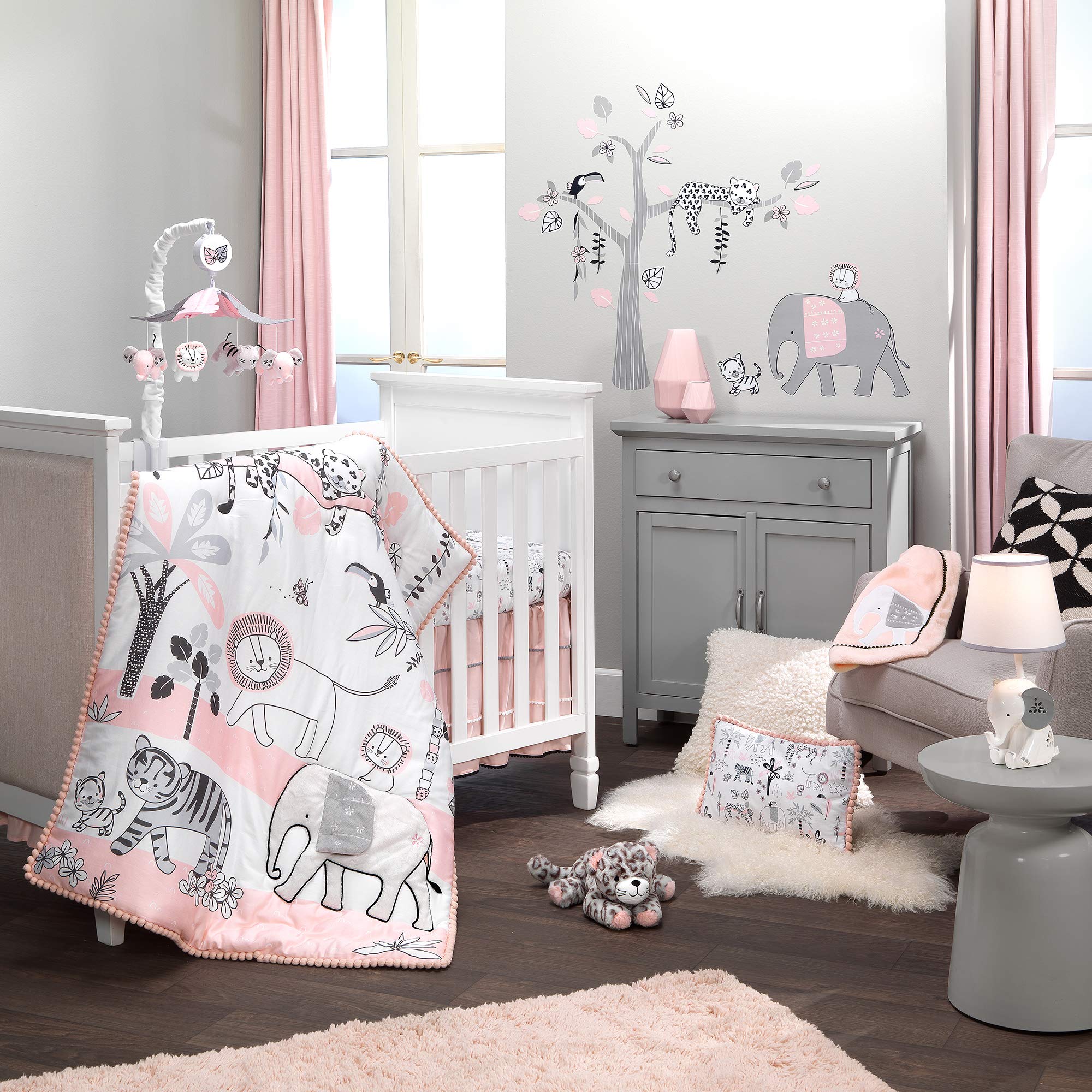 Happy Jungle Pink/White Safari Nursery 5-Piece Crib Bedding Set