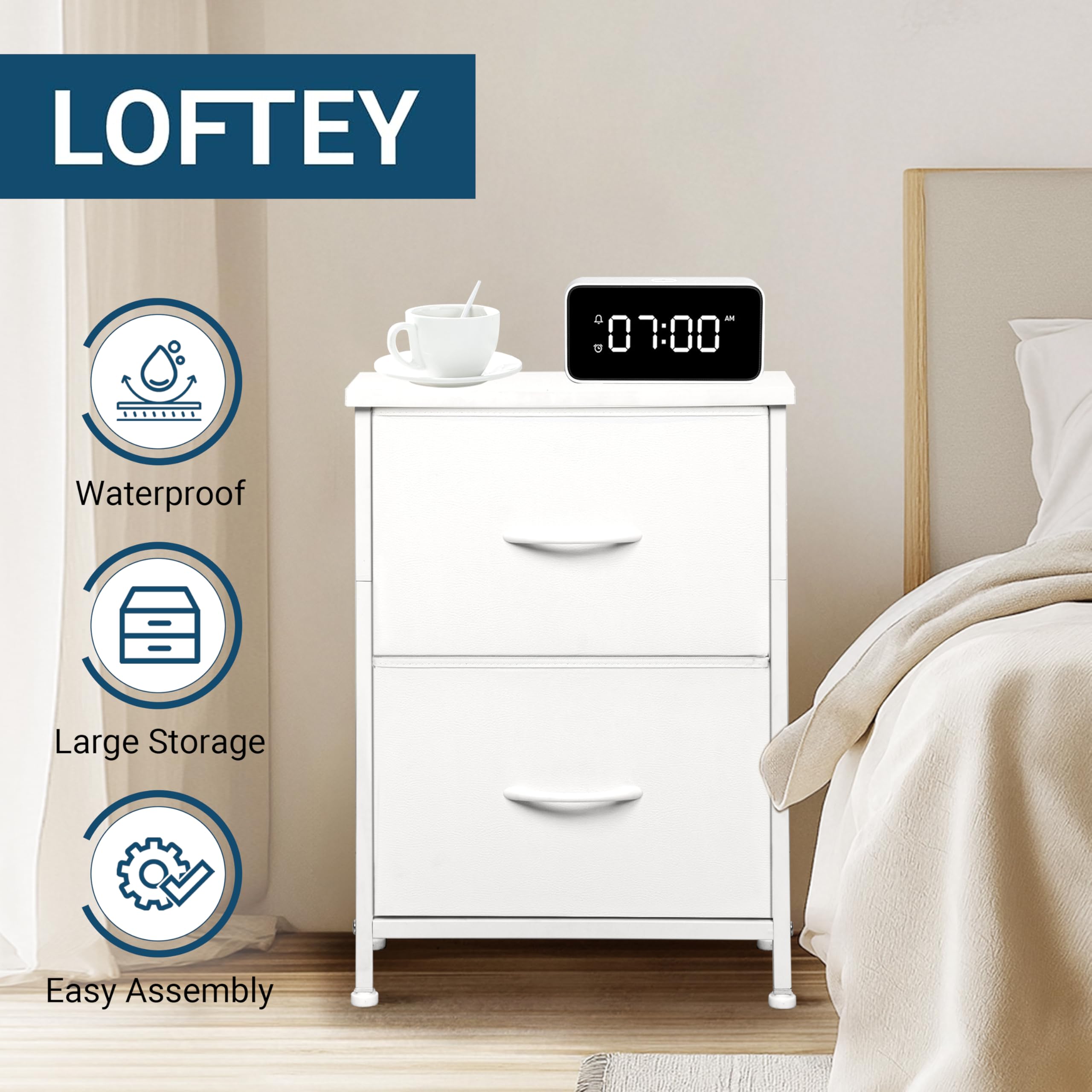 White Nightstand with 2 Fabric Drawers