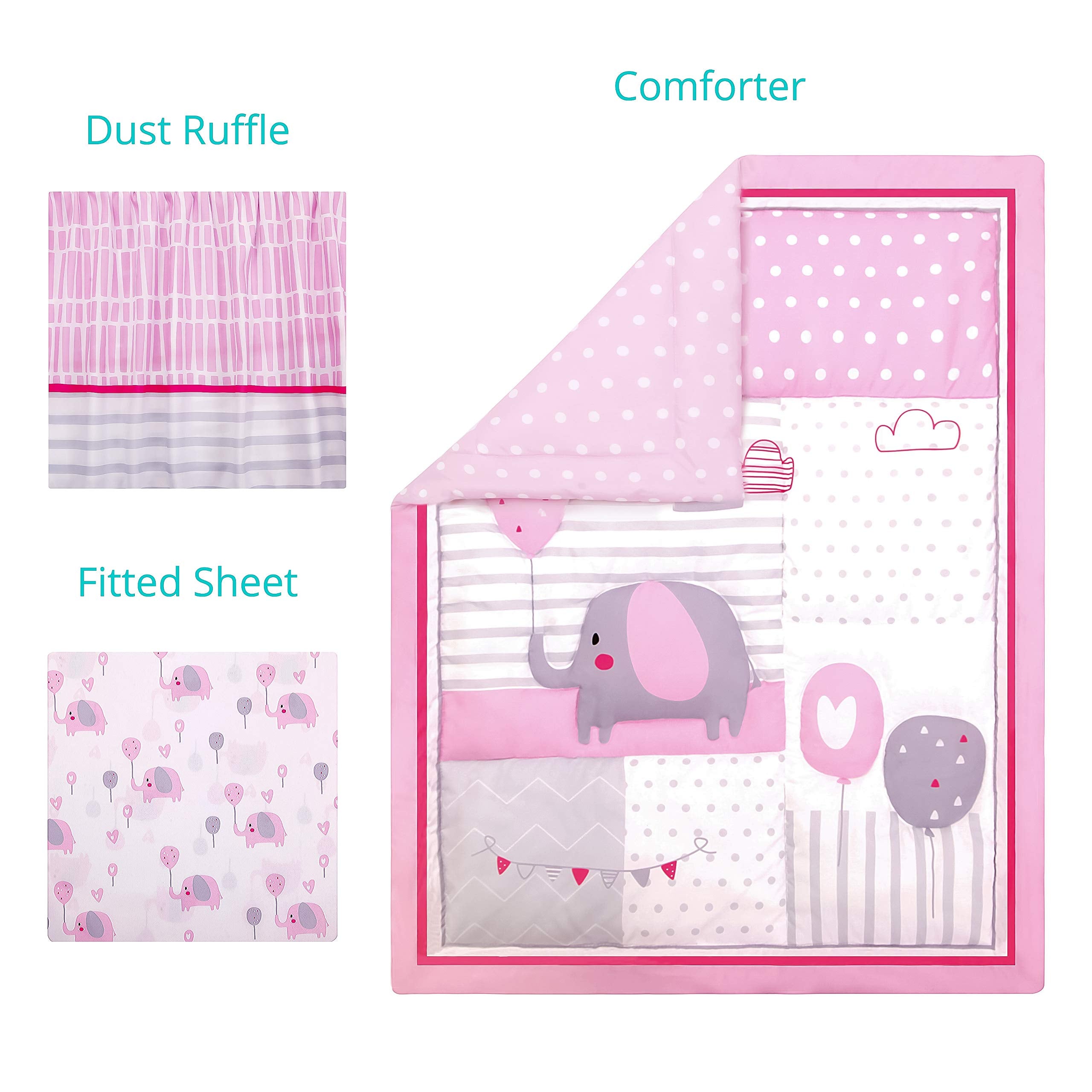 3-Piece Crib Bedding Set - Pink Elephant & Balloons