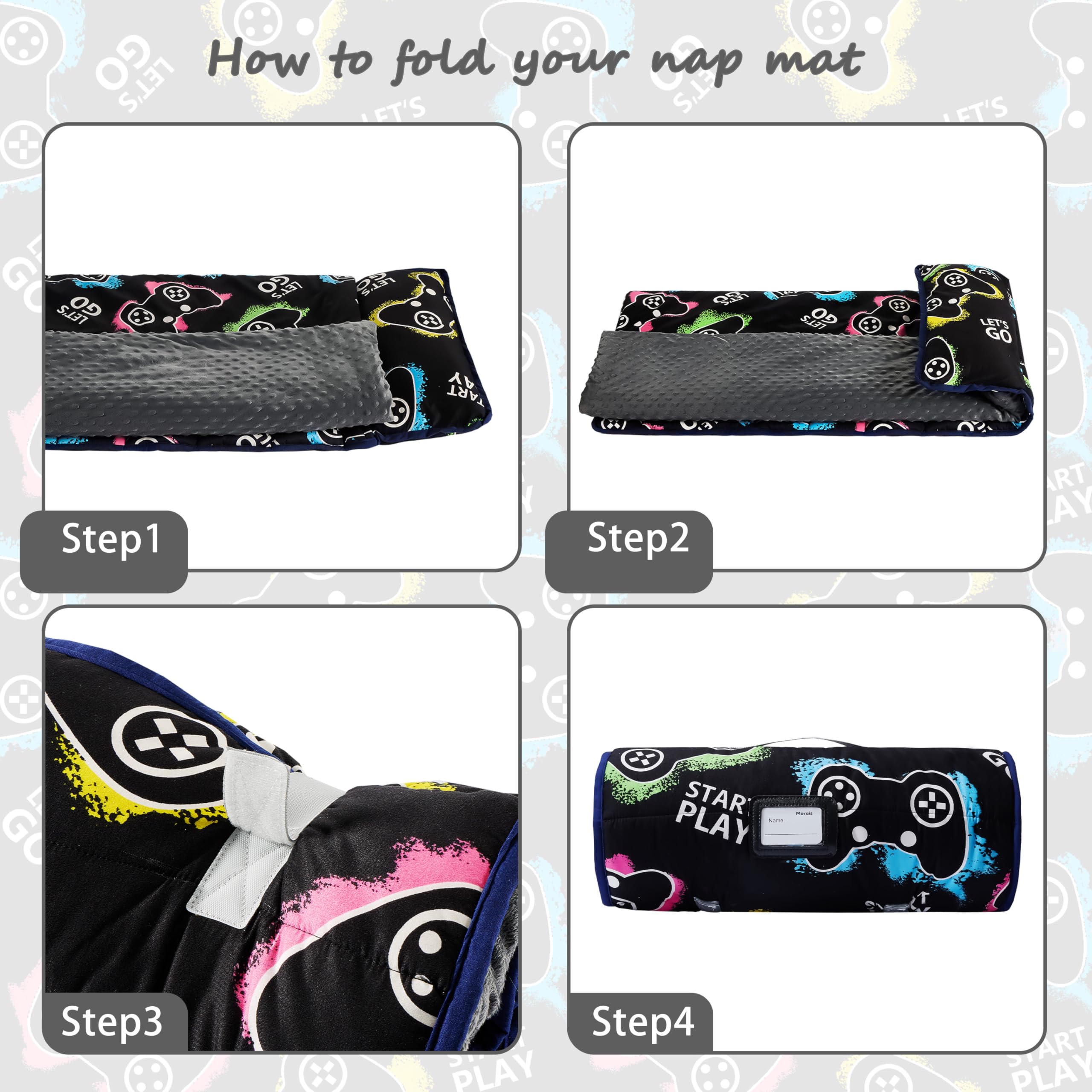 MORAIS Toddler Nap Mat with Removable Pillow and Blanket, Glow in The Dark 52" x 20" Lightweight and Soft Nap Mat for Preschool, Daycare, Travel Sleeping Mat Slumber Bag for Kids (Game)