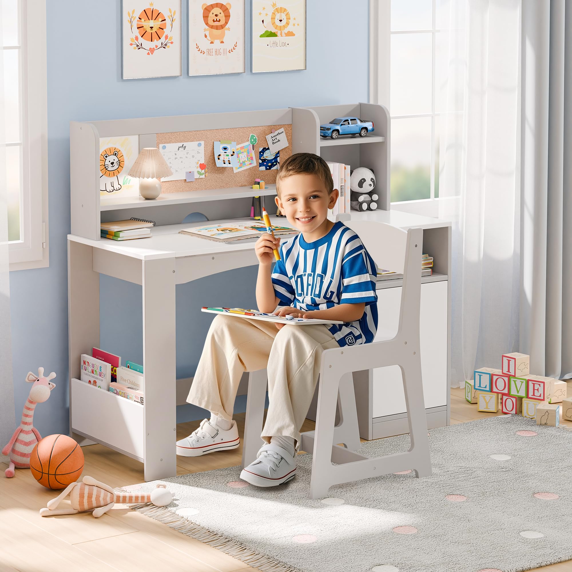 Kids Study Desk with Chair Tiltable Desktop Storage Cabinet