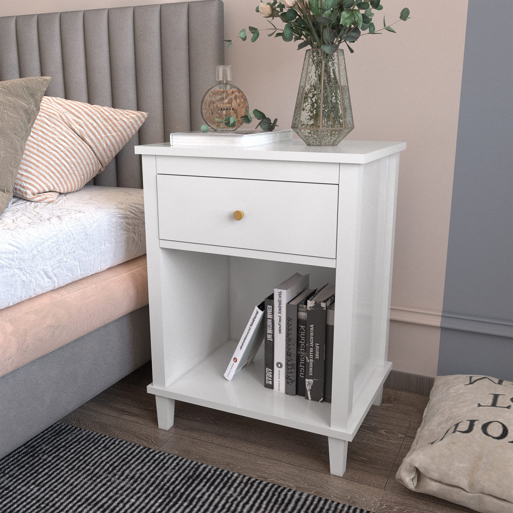 Modern Nightstand, Kids Nightstand with One Drawer, Bedside Table for Boys and Girls, Toddler Night Stand for Living Room, Bedroom, White