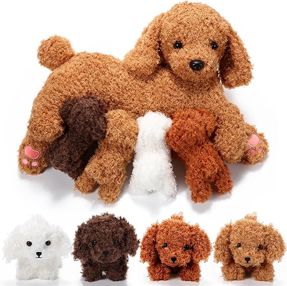 Nurturing Dog Mommy Plush Set with 4 Baby Puppies Soft Cute Dog Themed Stuffed Plush Toys for Kids Girls Boys Easter Birthday Gifts(Dachshund)
