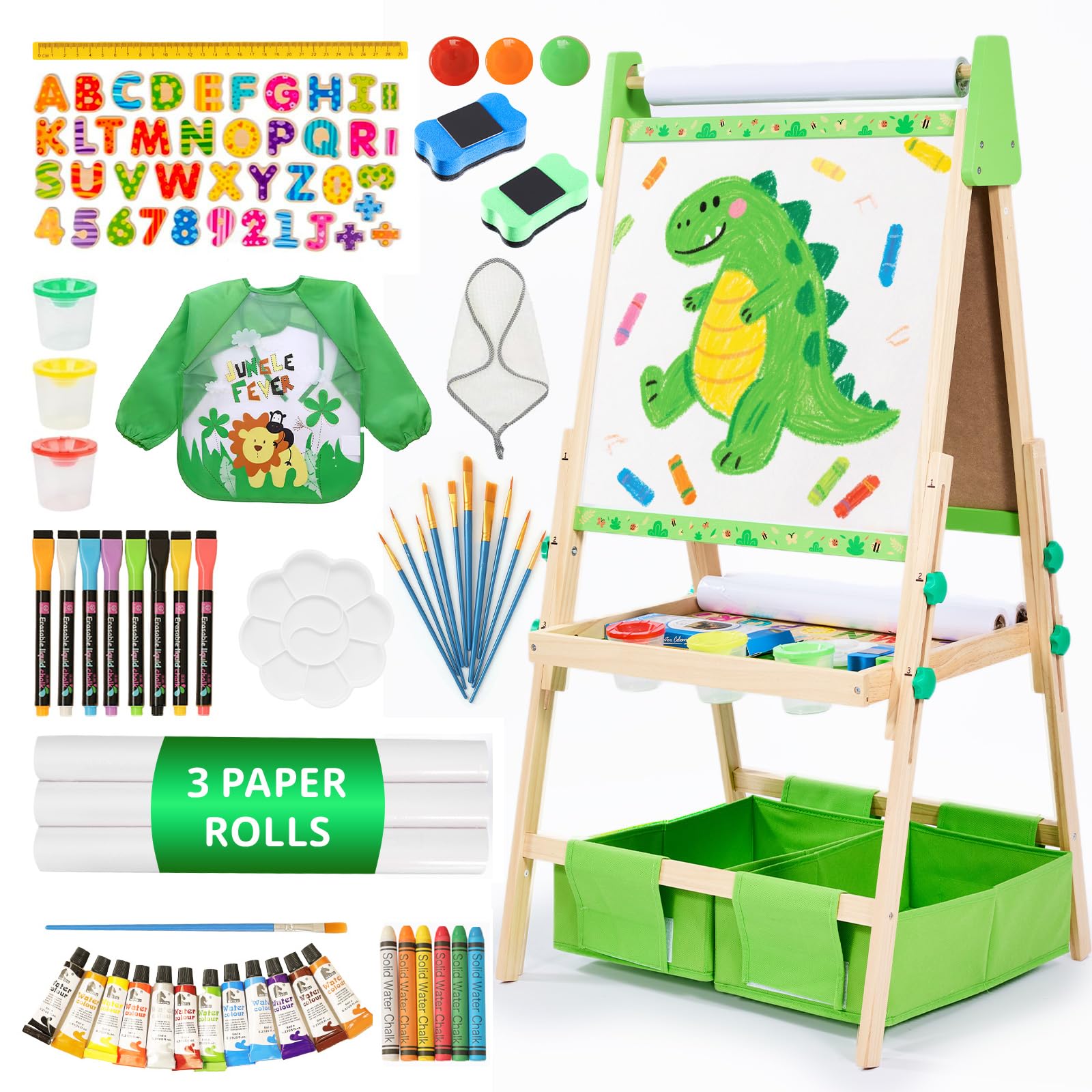 Art Easel for Kids Ages 2-4 4-8, Toddler Easel with 3 Paper Roll, Magnetic Whiteboard and Chalkboard, Adjustable Wooden Art Kids Easel for Toddlers 2,3,4,5,6,7,8,9,10 Years Old Boys & Girls, Green