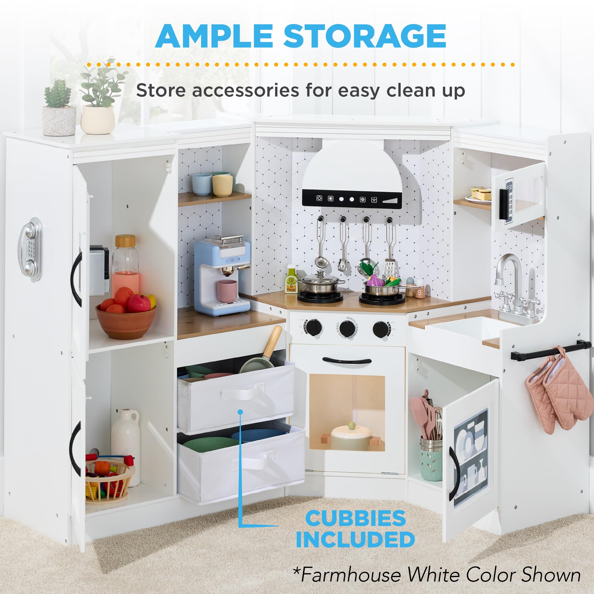 Best Choice Products Pretend Play Corner Kitchen, Ultimate Interactive Wooden Kids Playset w/Lights & Sounds, Ice Maker, Hood - White